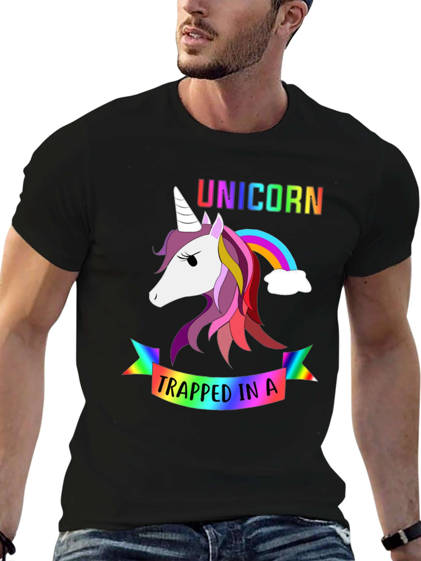 Black Unicorn Trapped in a Rainbow Graphic Tee view 6