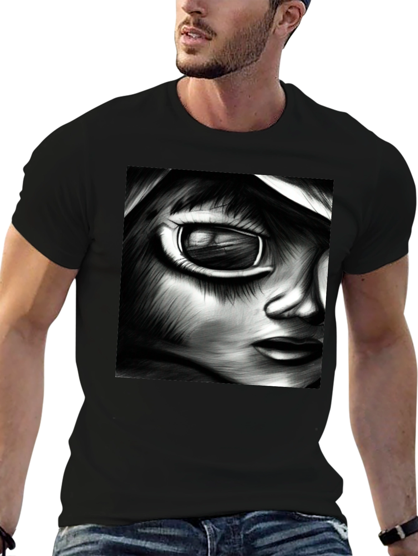 Black Monochrome Anime Art Tee view 6