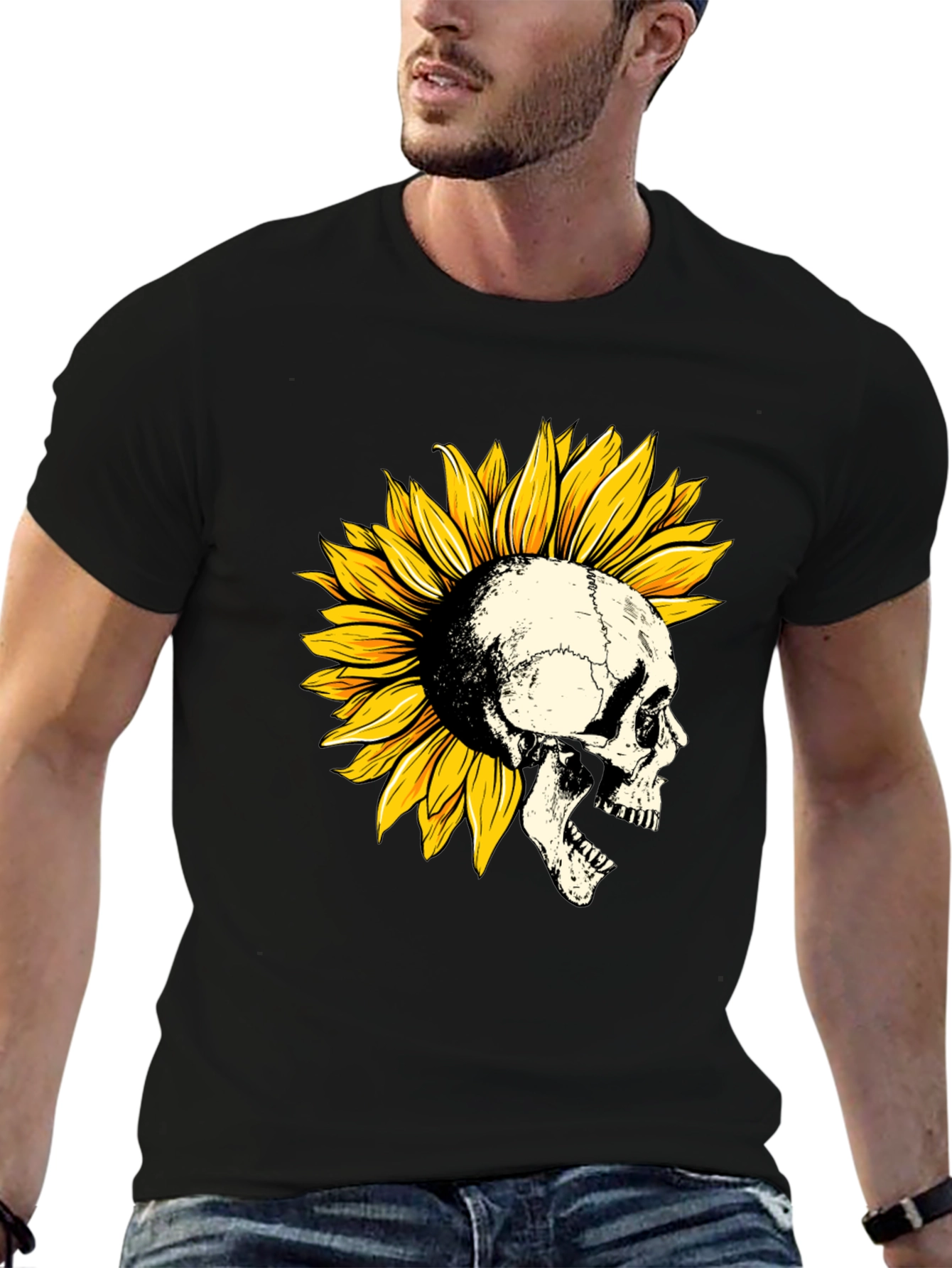 Black Skull Sunflower Graphic T-Shirt - Unique Design view 6