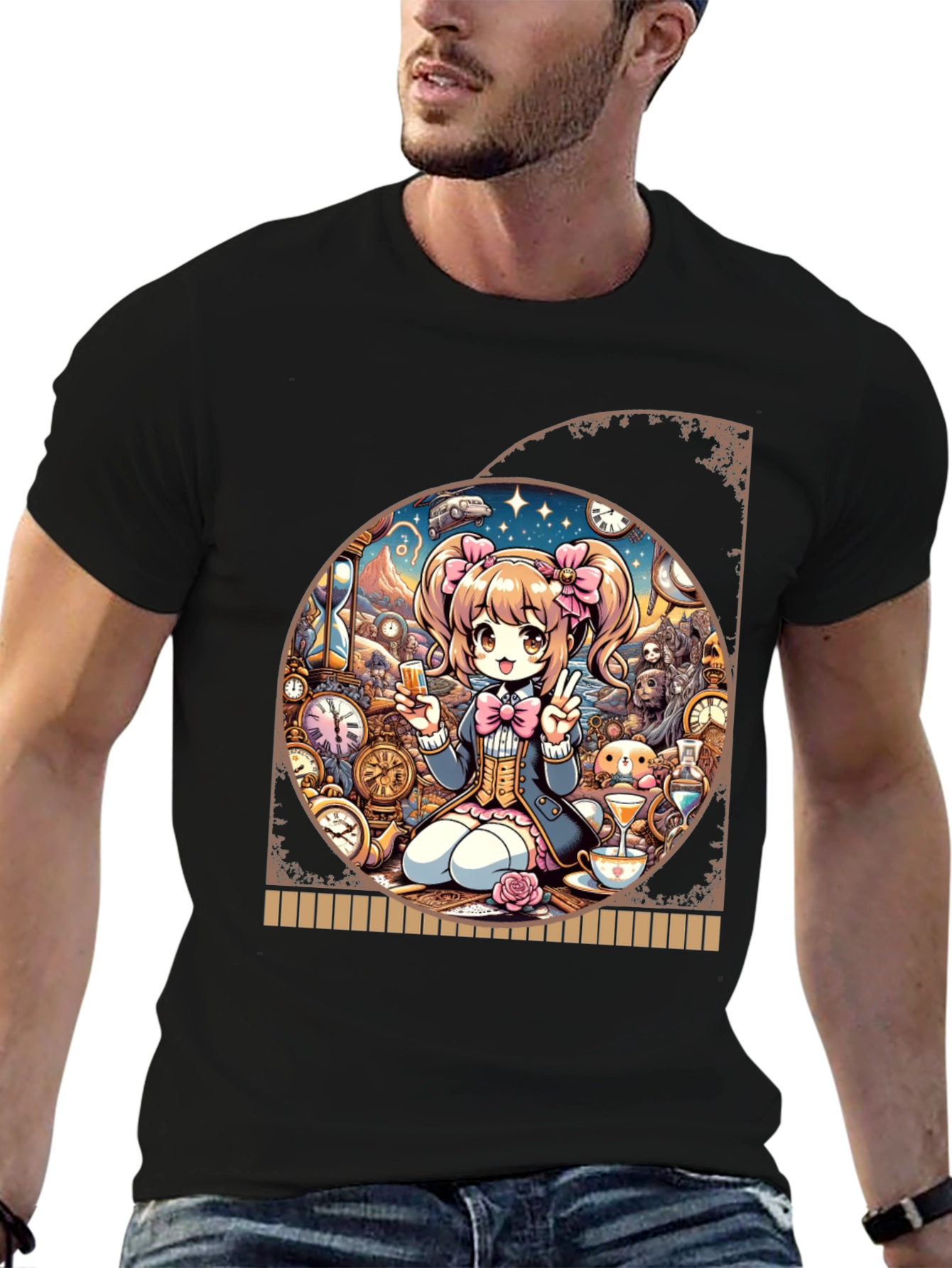 Black Anime Girl Time Travel Graphic Tee - Unique Design view 6