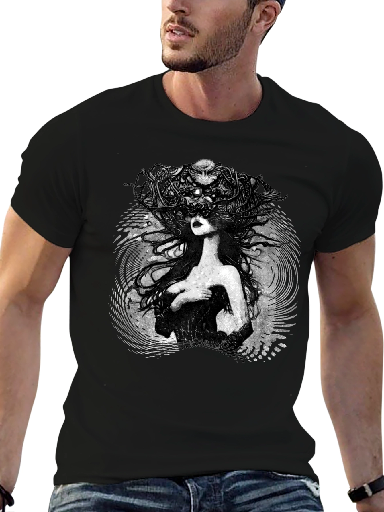 Black Mystic Woman Graphic Tee - Black Cotton T-Shirt view 6
