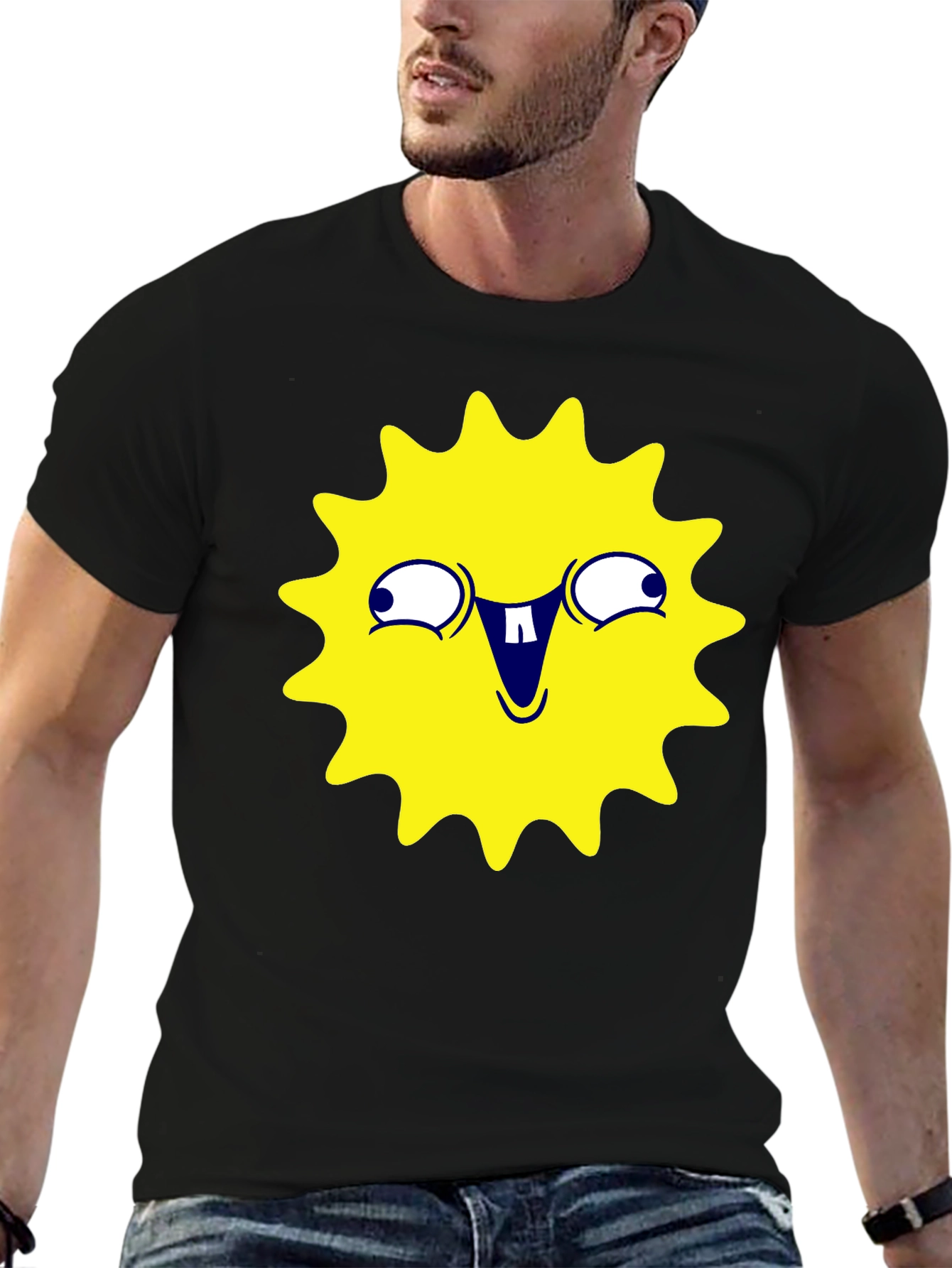 Black Funny Yellow Sun Face Graphic T-Shirt - Black view 6