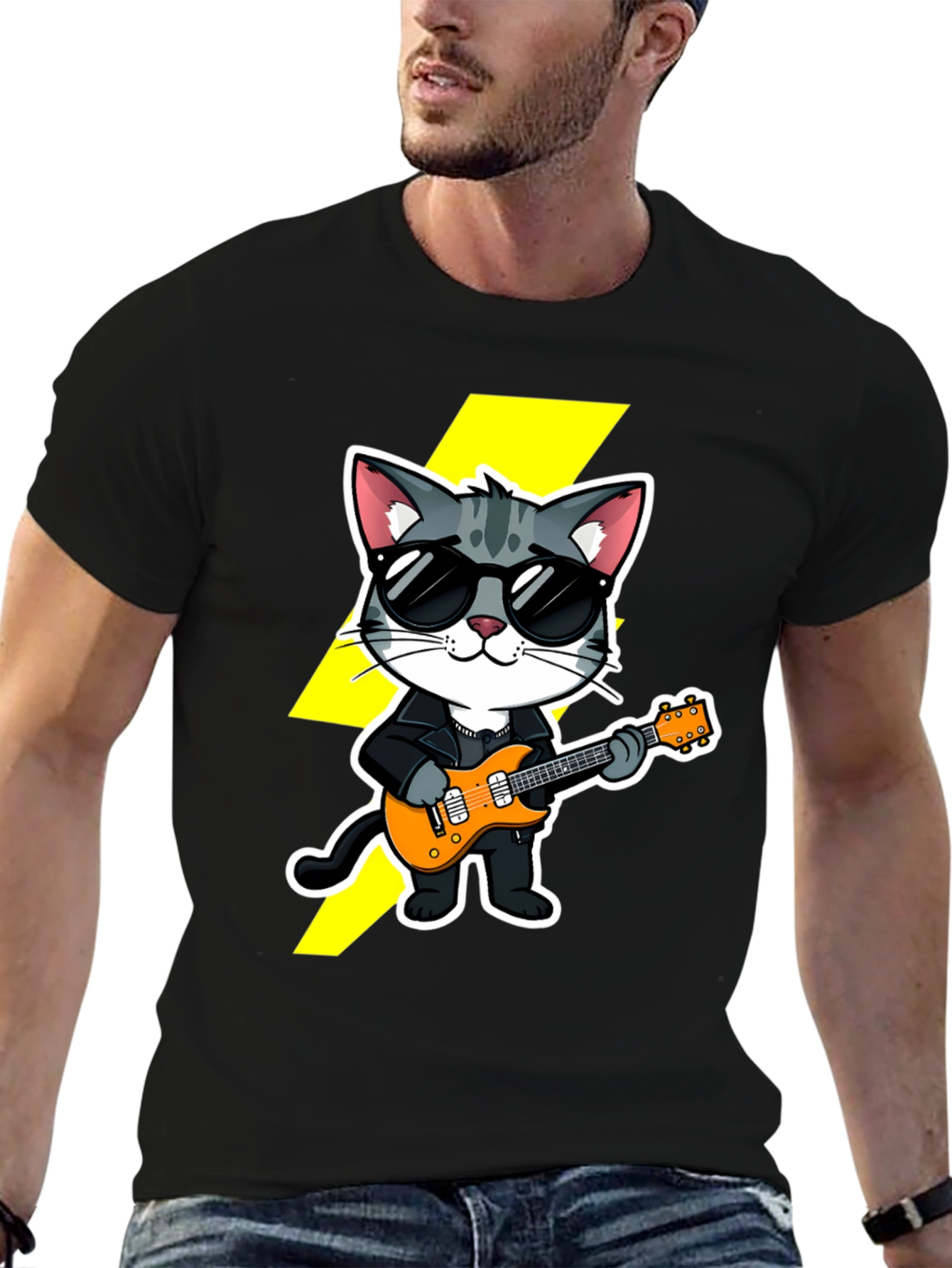 Black Rockstar Cat T-Shirt - Cool Cat with Guitar view 6