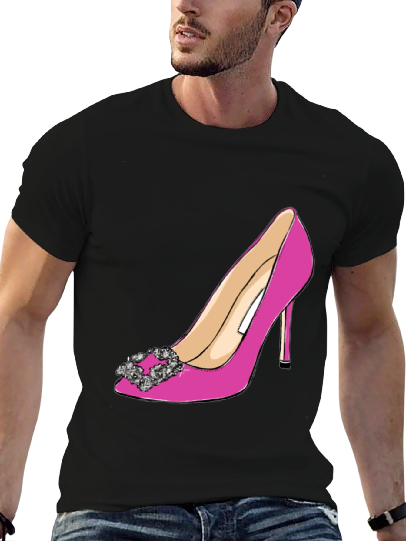 Black Stylish Pink High Heel Shoe Graphic Tee view 6