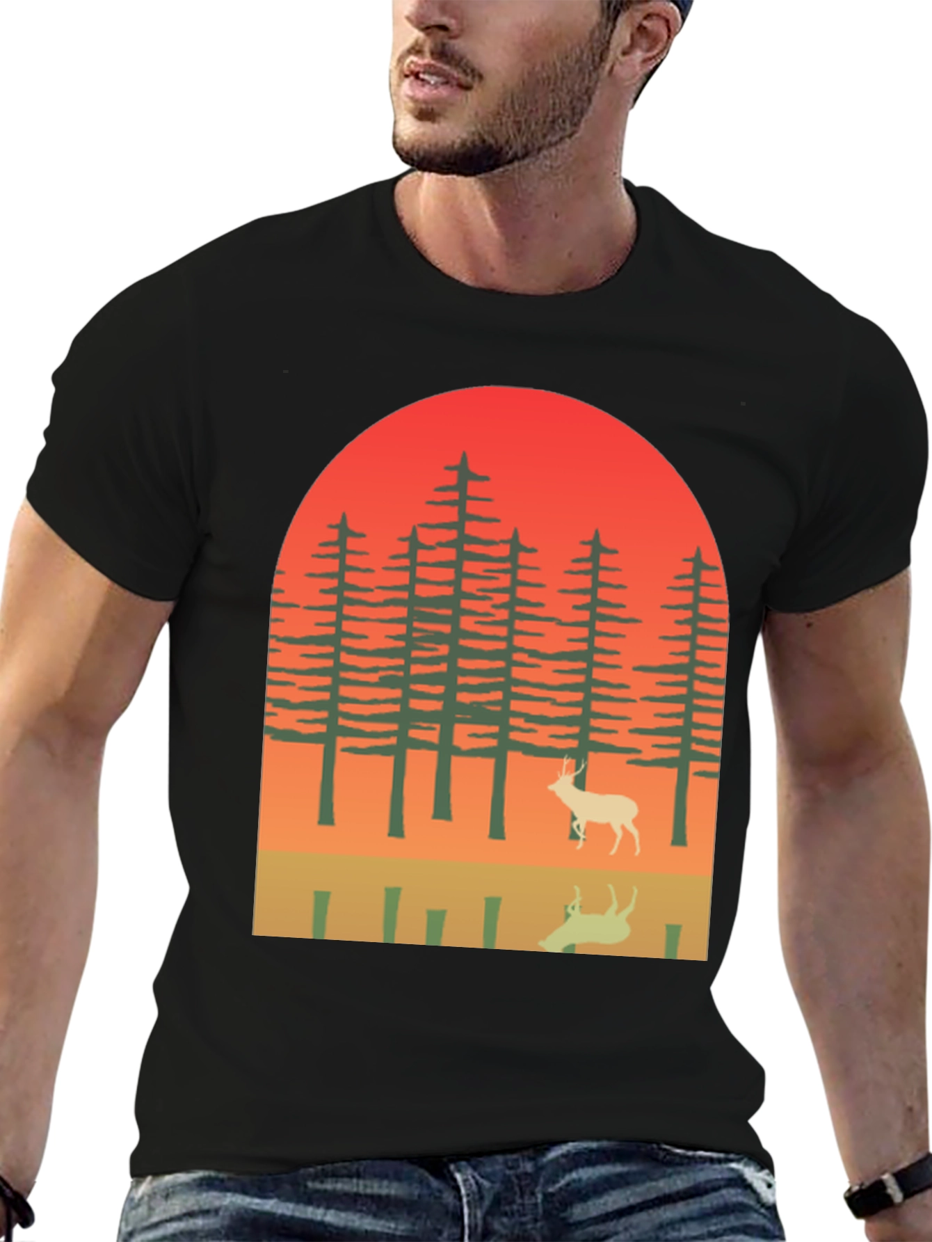 Black Retro Deer Forest Graphic Tee view 6