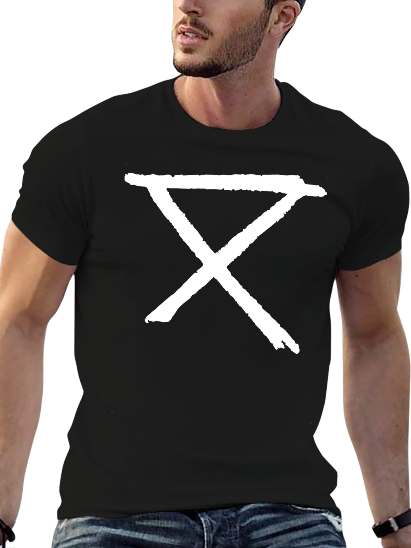 Black Graphic Tee - Abstract White Symbol on Black T-Shirt view 6