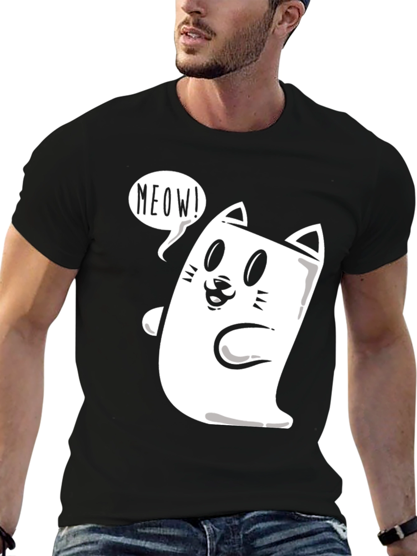 Black Meow Cat Graphic Tee - Funny Cartoon T-Shirt view 6