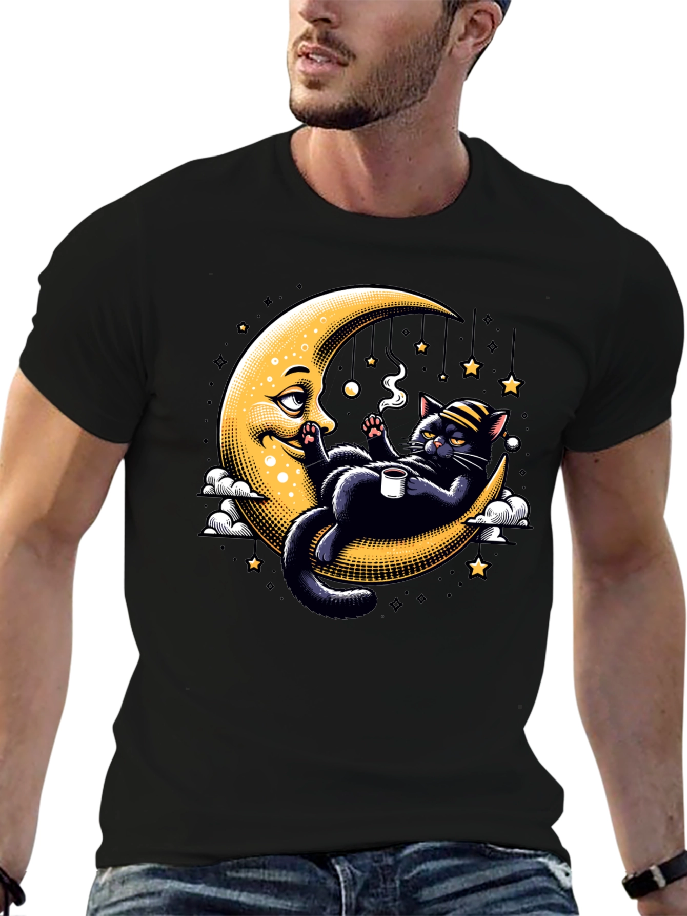 Black Cool Cat on Moon T-Shirt view 6