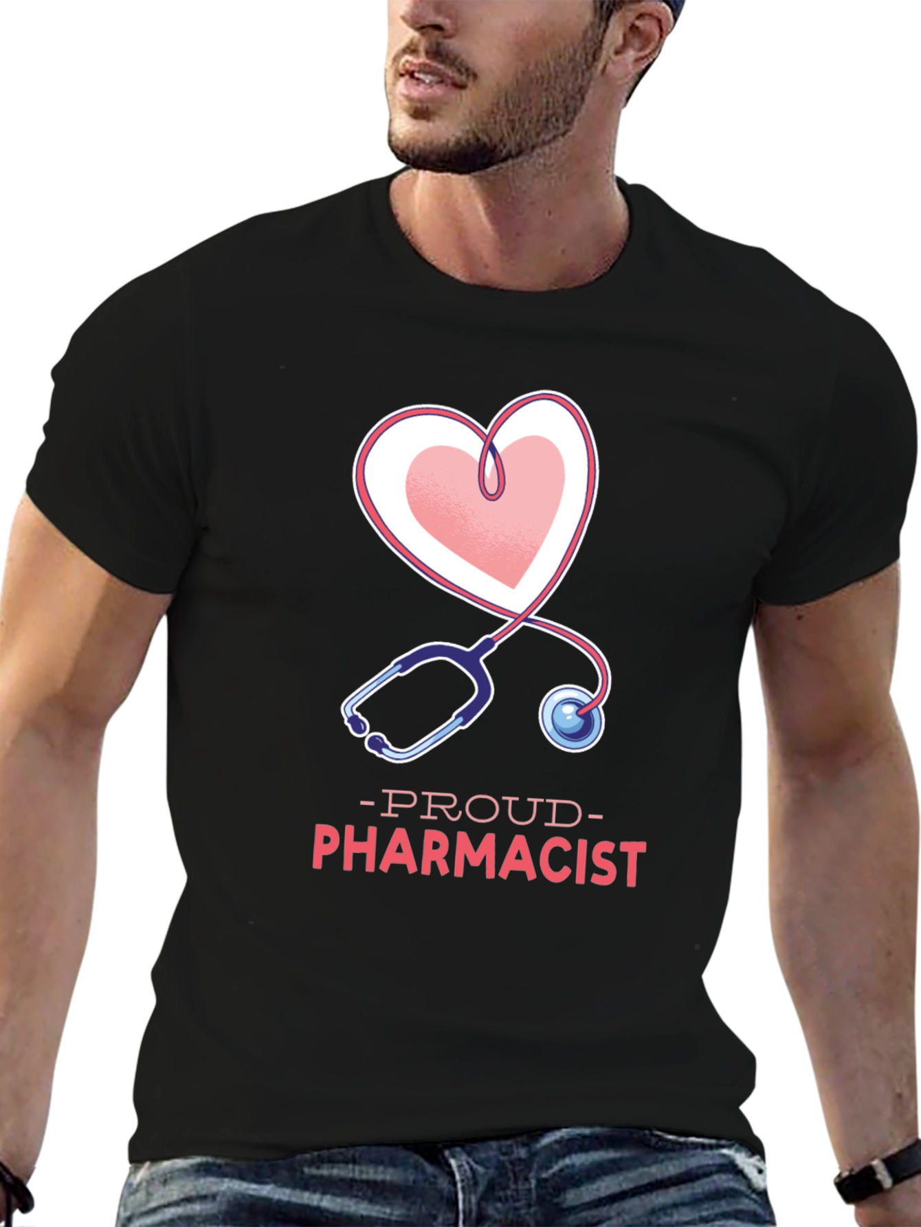 Black Proud Pharmacist Heart Stethoscope T-Shirt view 6