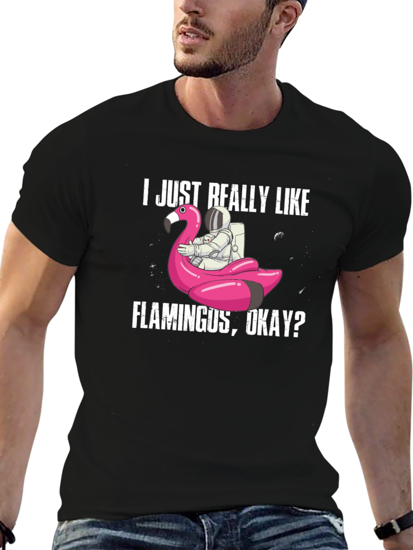 Black Flamingo Astronaut T-Shirt - I Just Really Like Flamingus view 6
