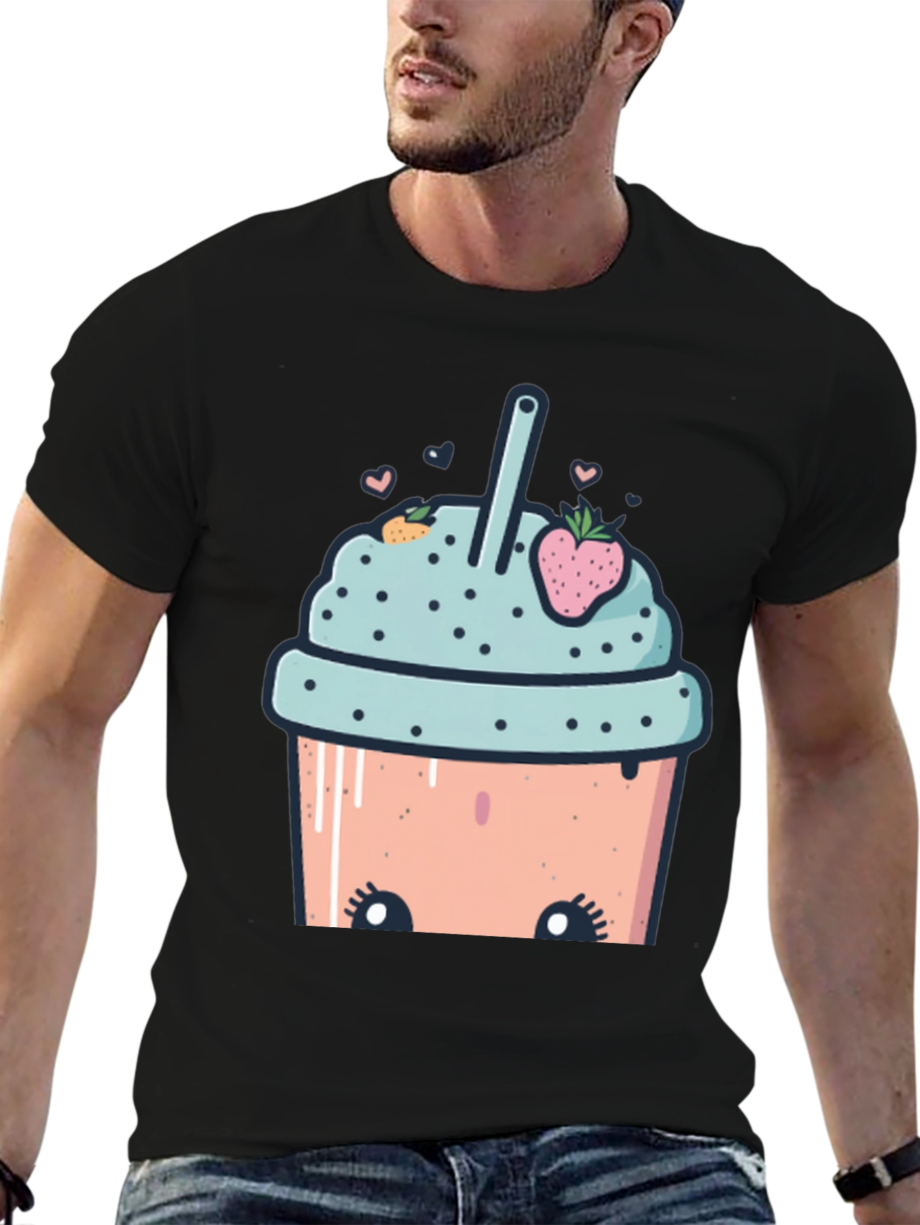 Black Cute Cartoon Smoothie T-Shirt view 6