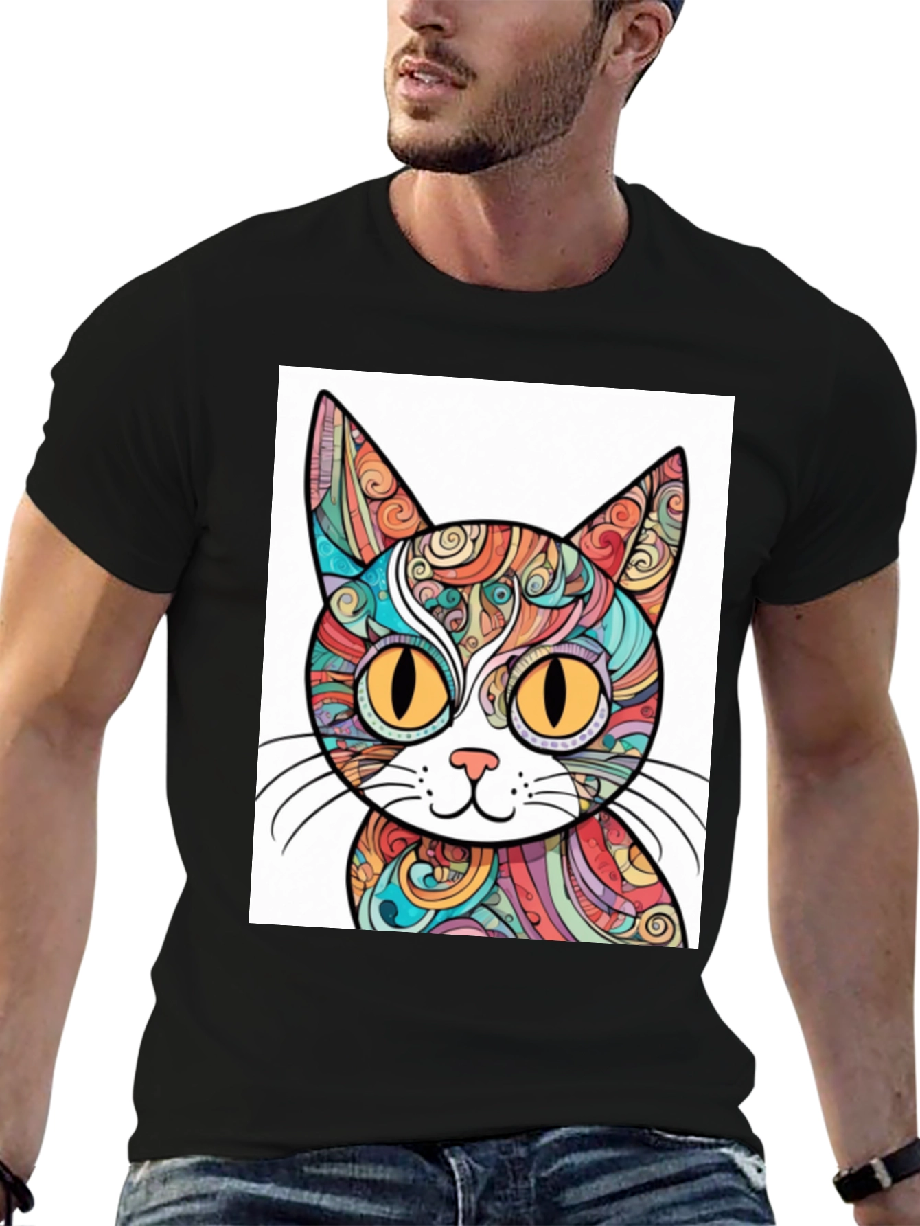 Black Colorful Cat Graphic T-Shirt - Unique Design view 6
