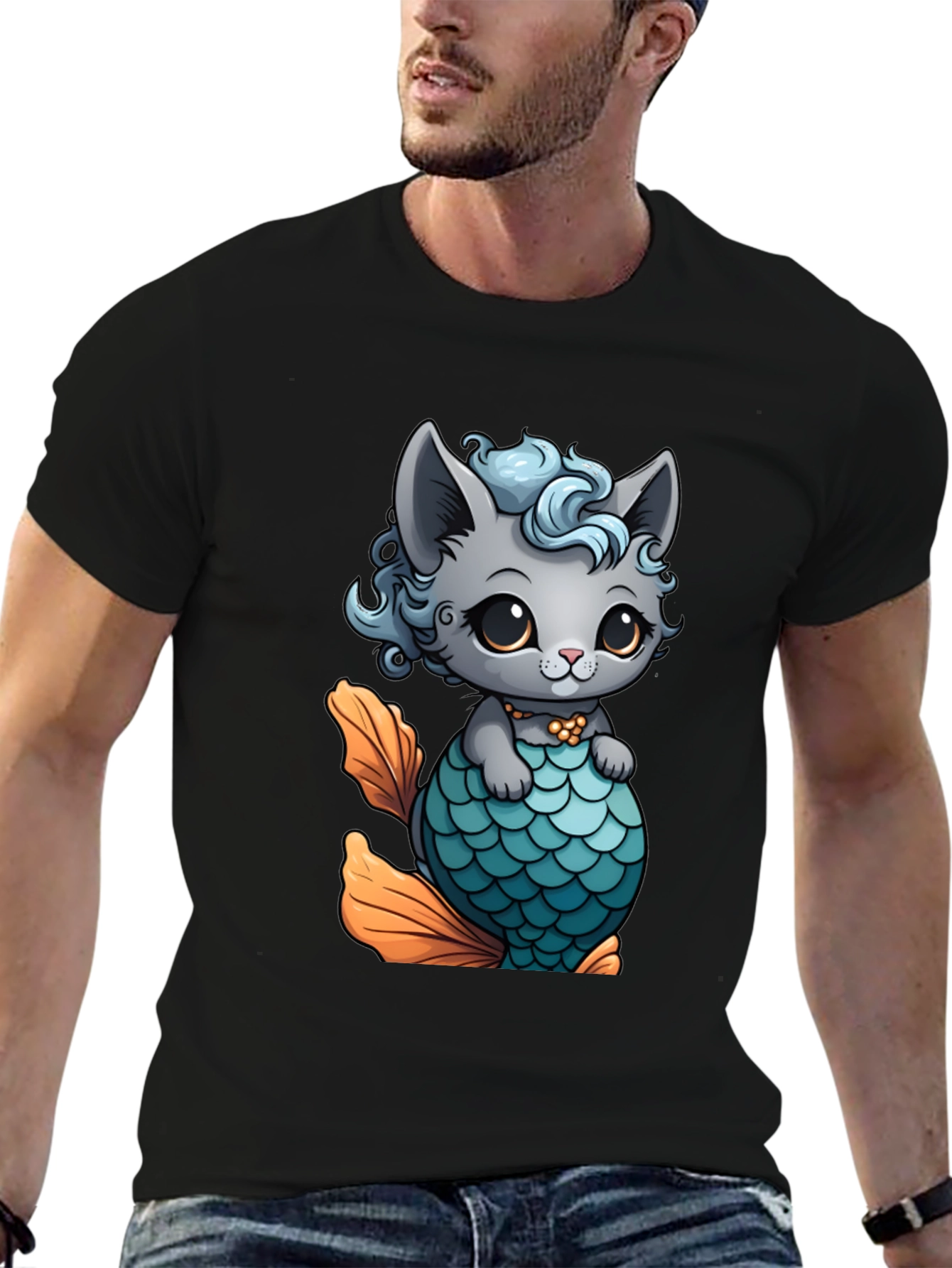 Black Cute Cat Mermaid T-Shirt - Unique Graphic Tee view 6
