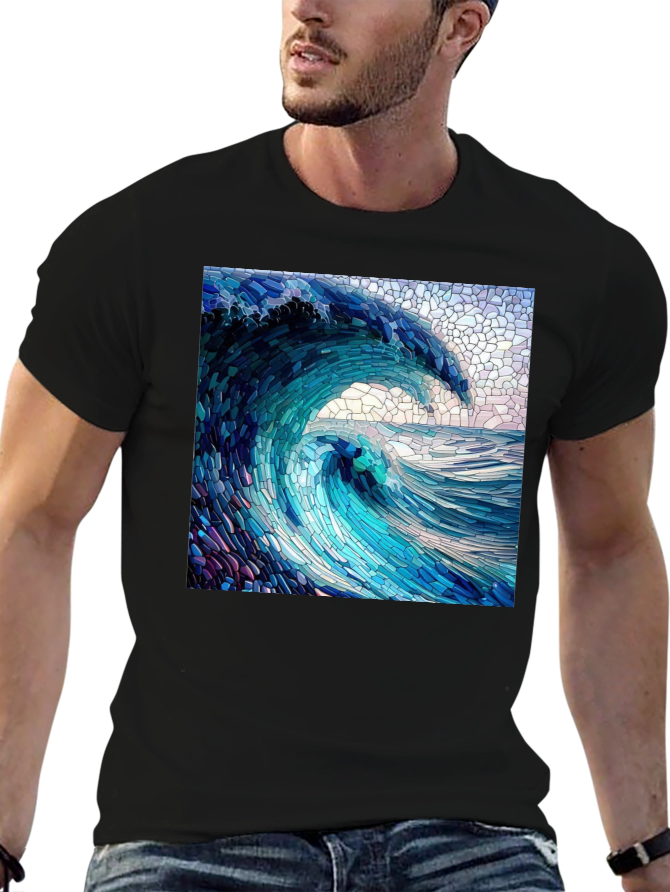 Black Ocean Wave Mosaic Graphic Tee - Unique Design view 6