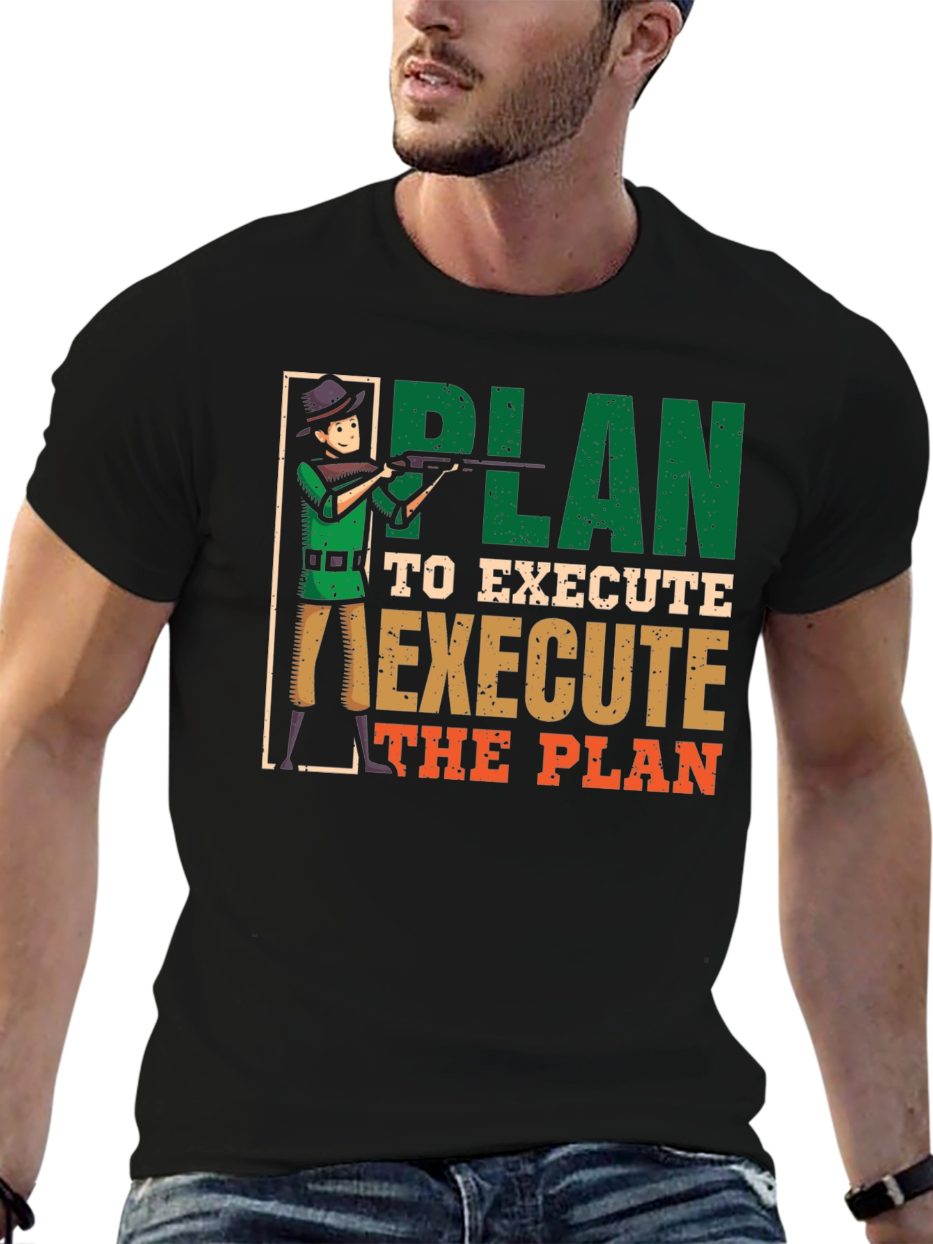Black Plan to Execute Funny Hunting Graphic T-Shirt view 6