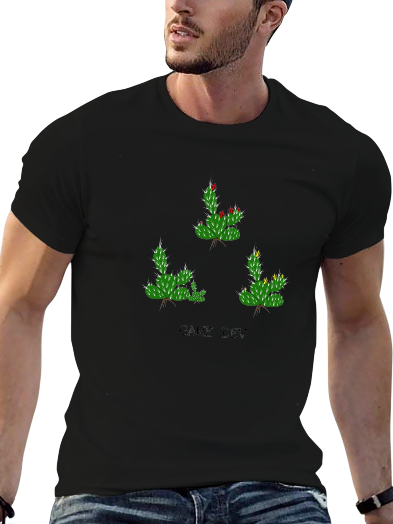 Black Game Dev Cactus T-Shirt - Black Cotton Tee view 6