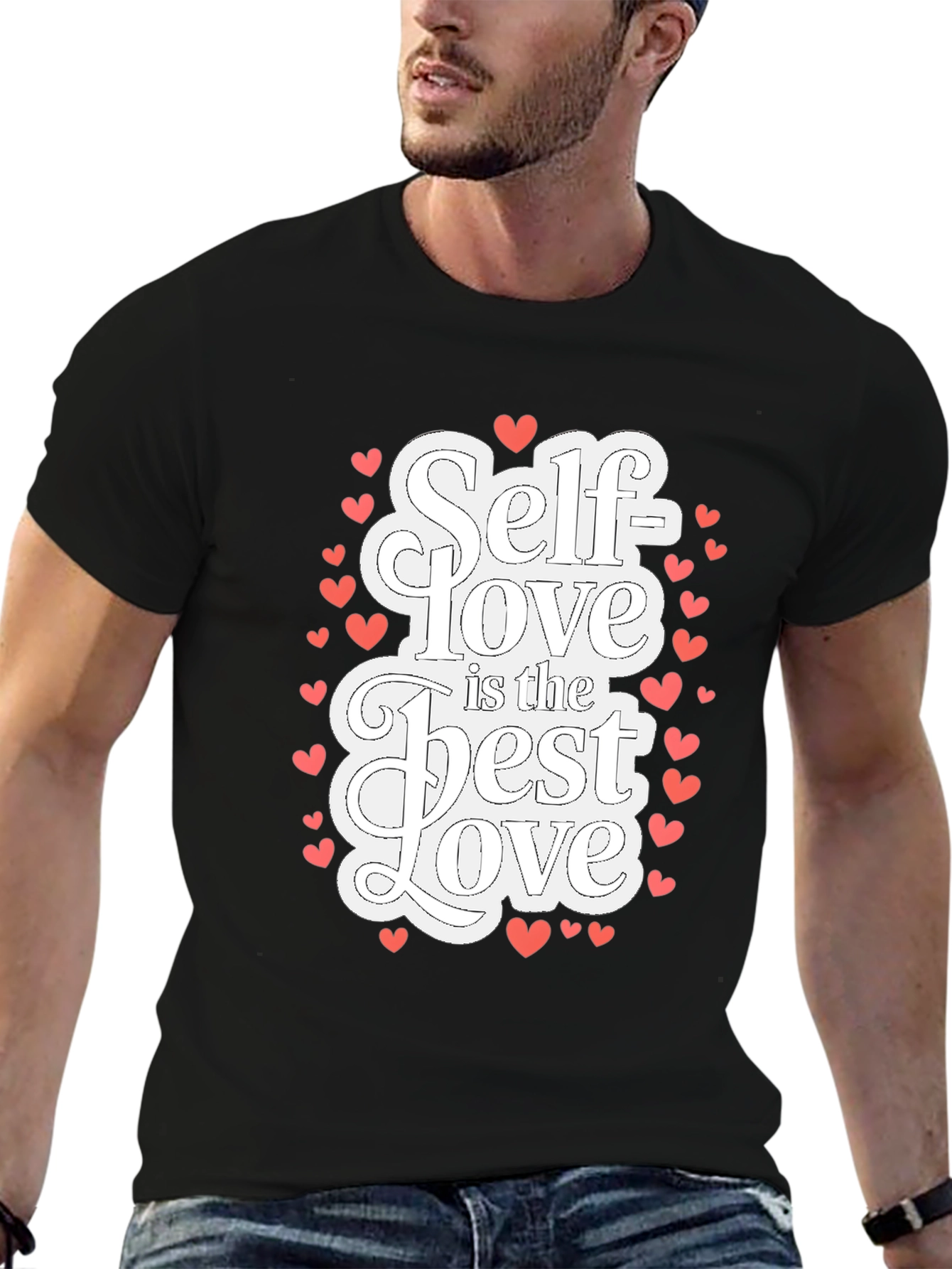 Black Self Love T-Shirt - Black Cotton Tee with Heart Accents view 6
