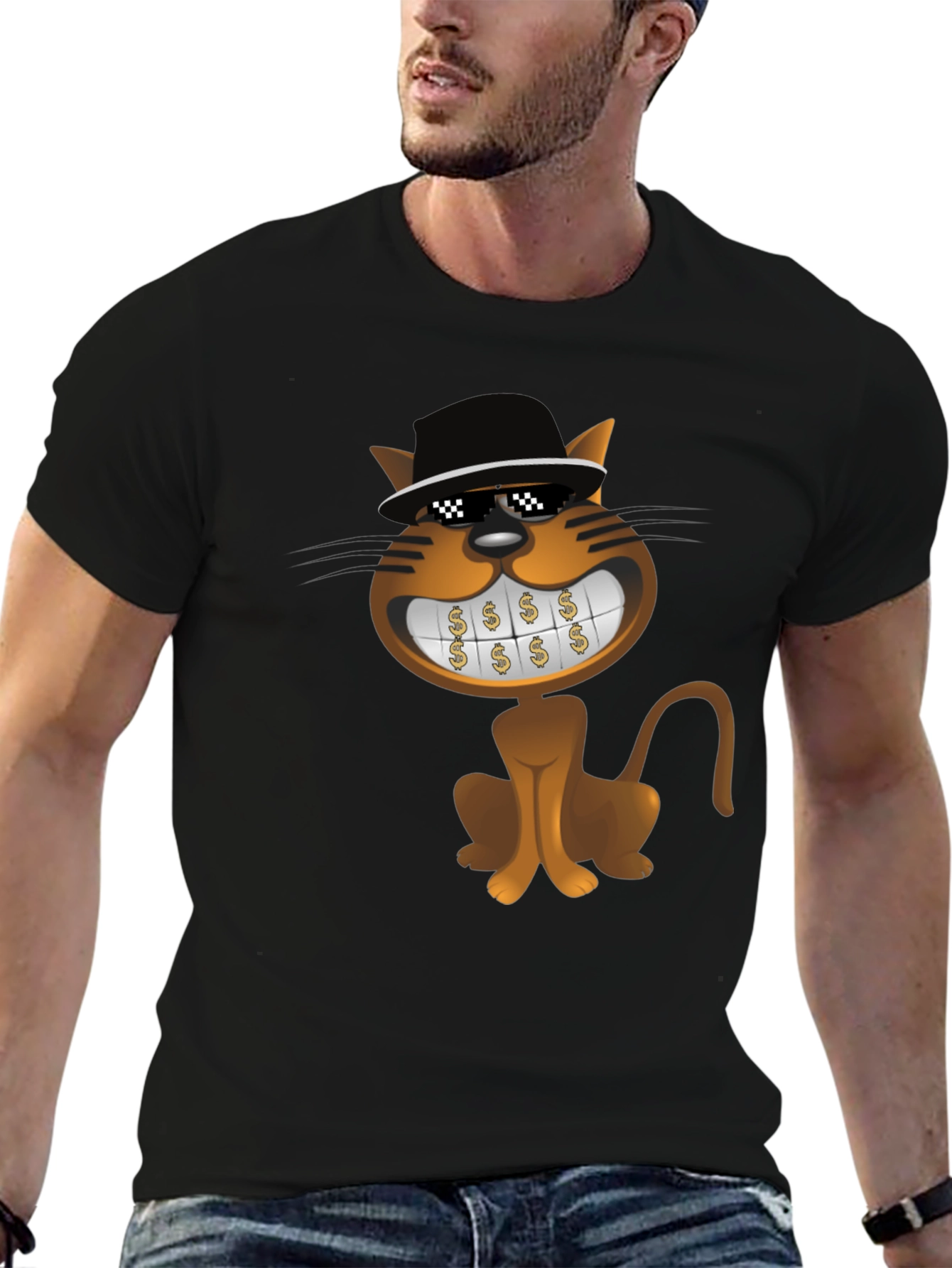 Black Cartoon Cat T-Shirt: Funny Design, Black Tee view 6