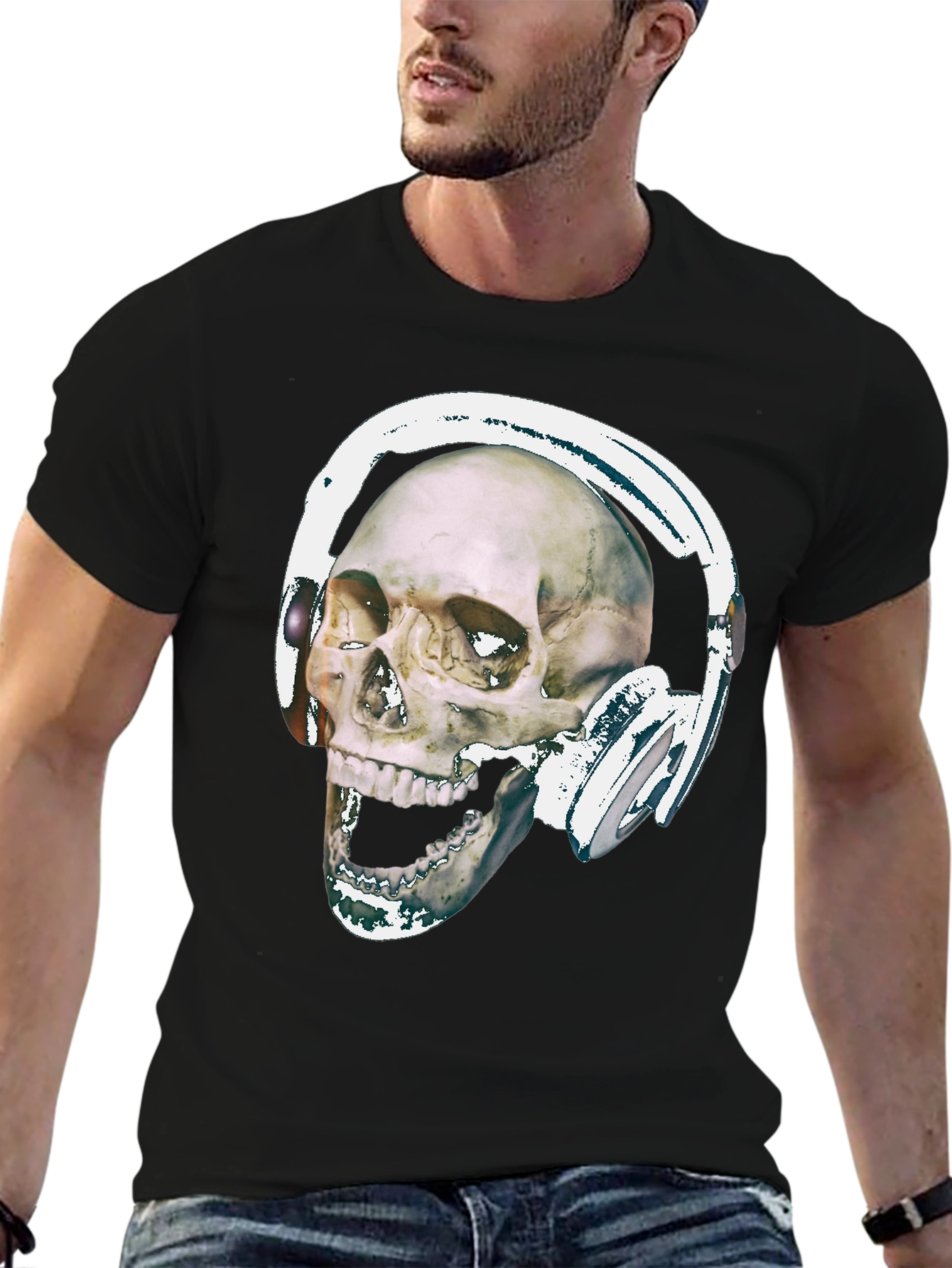 Black Skull With Headphones Graphic Tee - Black Cotton view 6