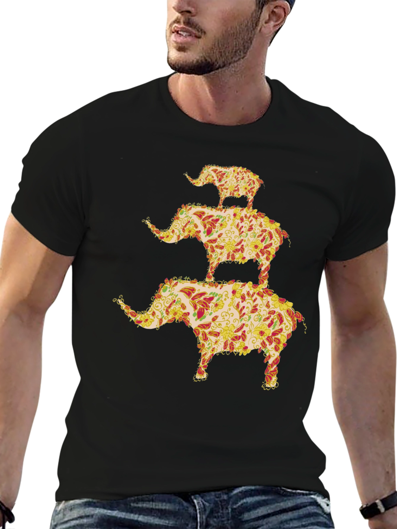 Black Elephant Stack Graphic Tee - Unique Men's Black T-Shirt view 6
