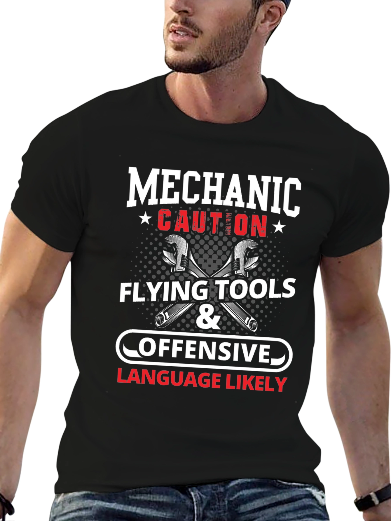 Black Mechanic Caution Flying Tools & Offensive Language Likely T-Shirt view 6