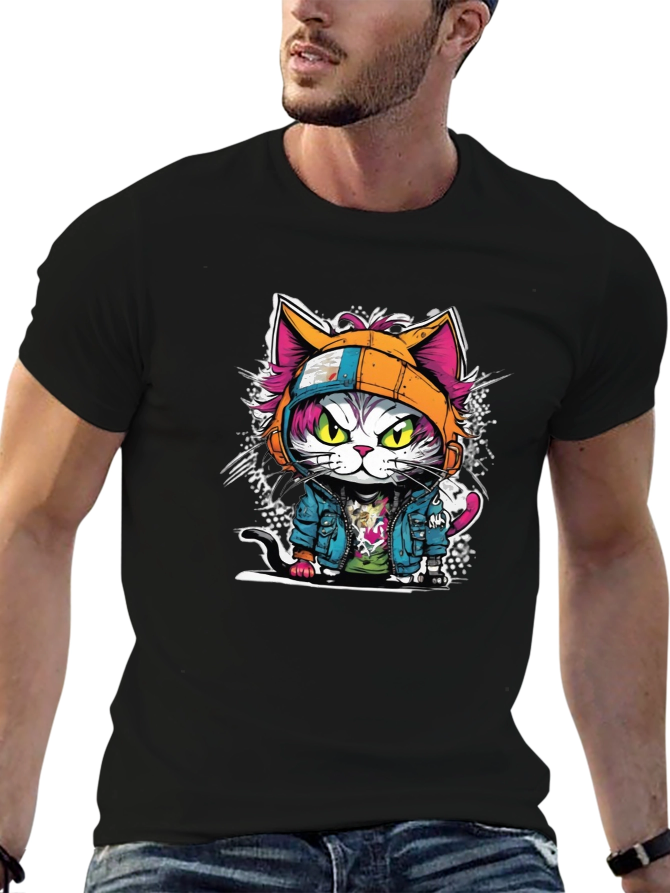 Black Cool Cat Graphic Tee - Street Style view 6
