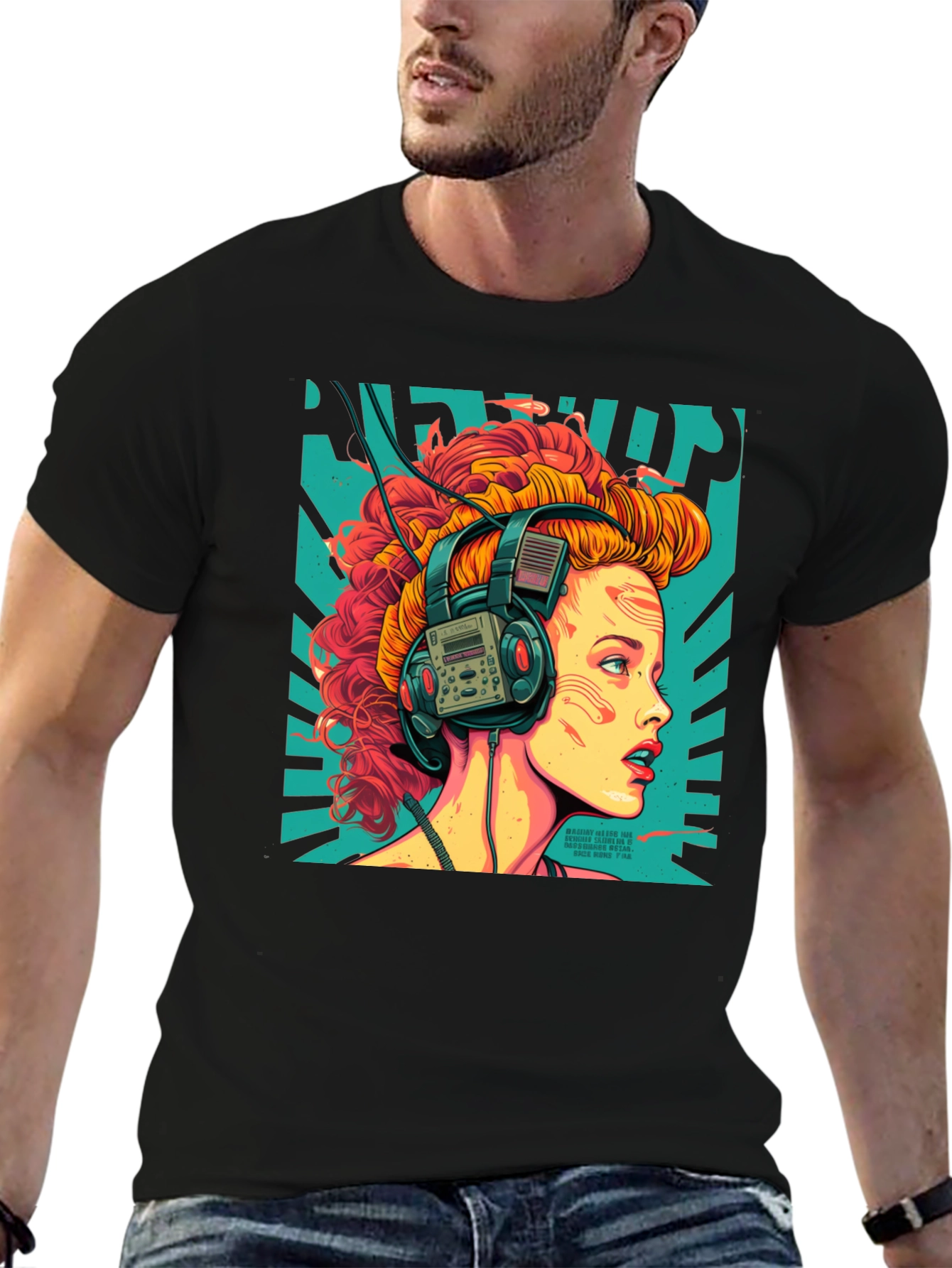 Black Retro Headphones Graphic T-Shirt view 6