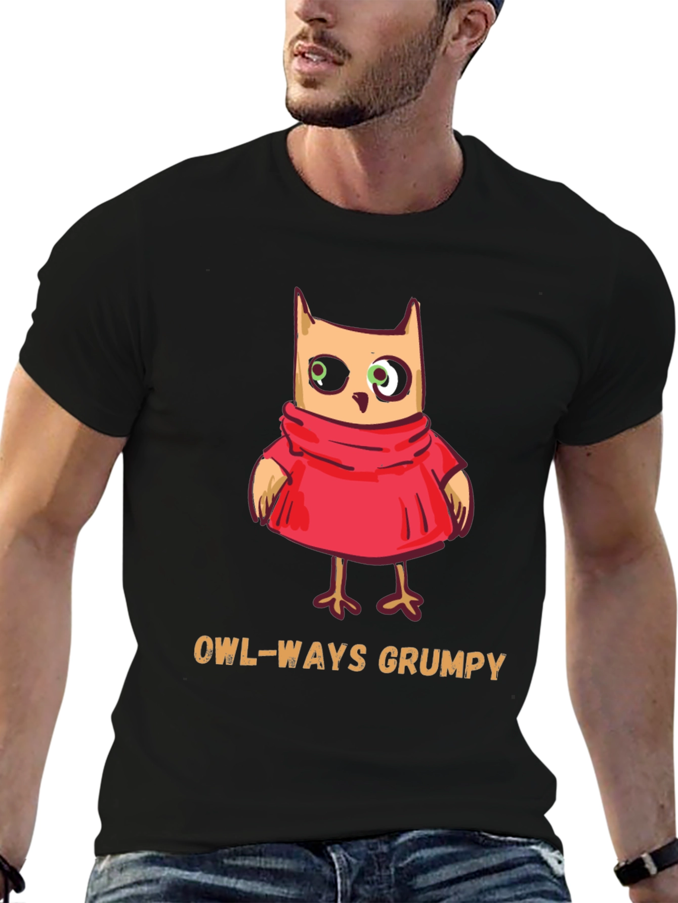 Black Owl-Ways Grumpy T-Shirt - Funny Cartoon Owl Tee view 6