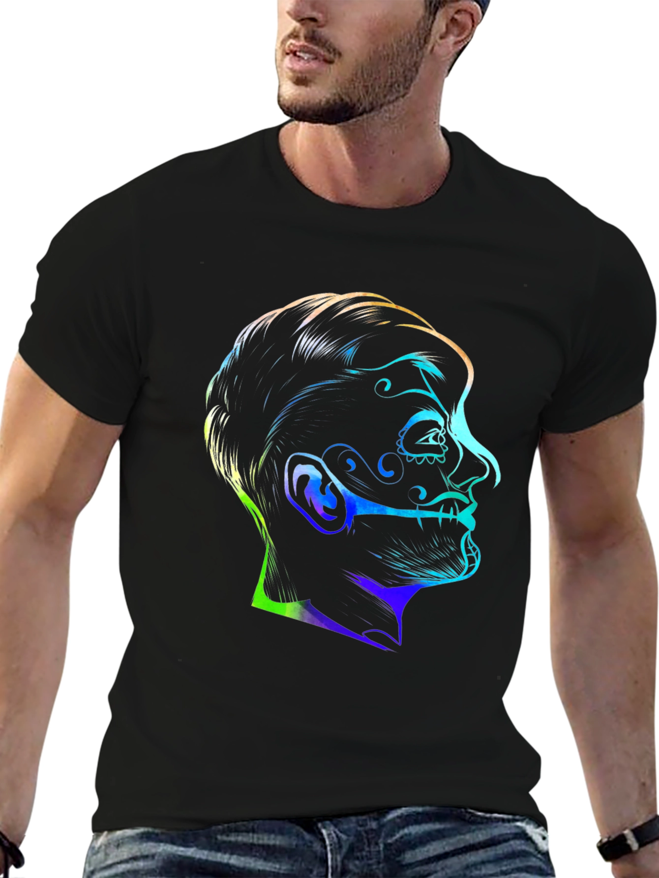 Black Colorful Sugar Skull Face Graphic Black T-Shirt view 6