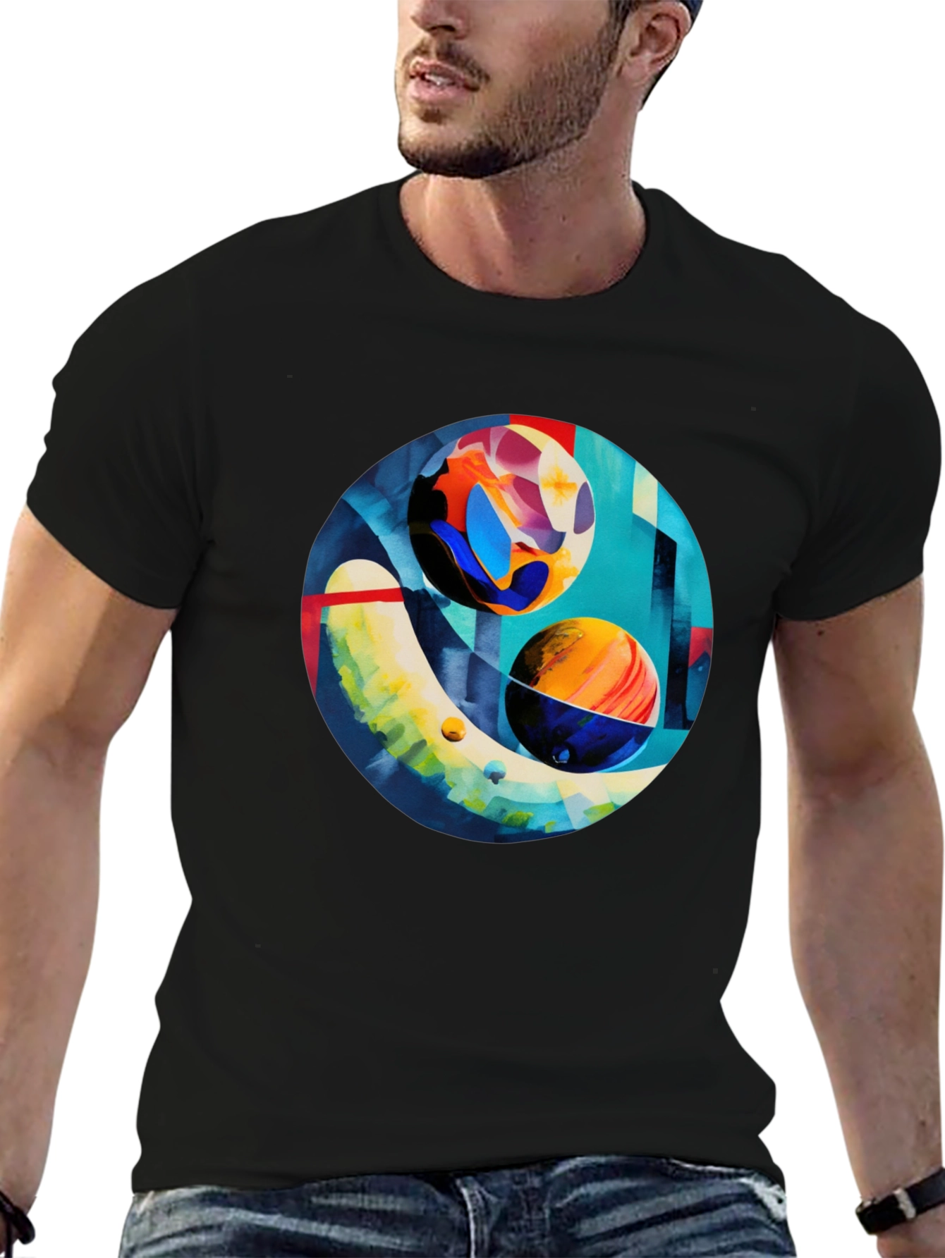 Black Abstract Planet Art Print Black T-Shirt view 6