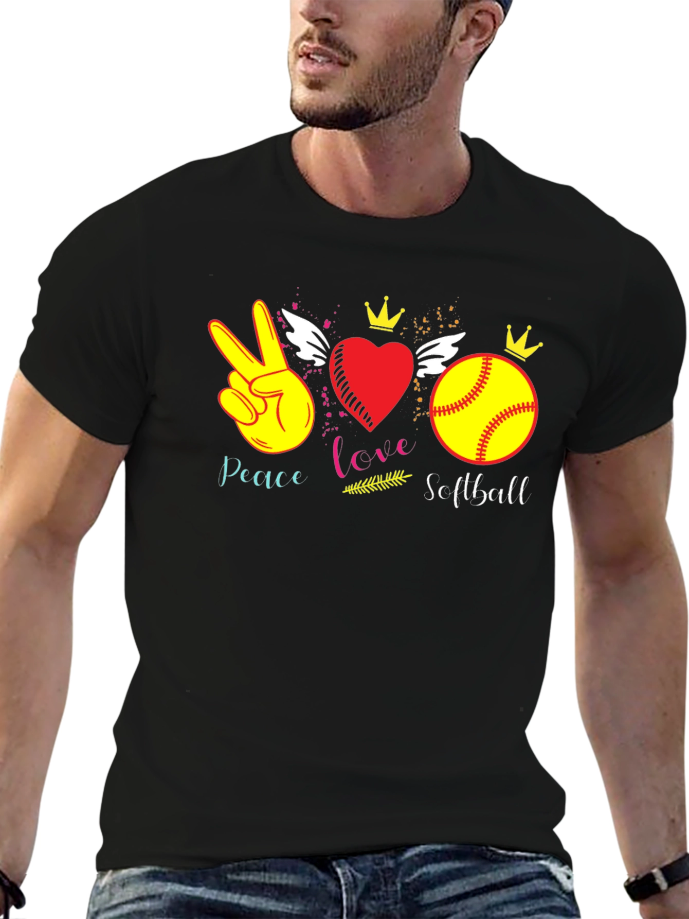 Black Peace Love Softball T-Shirt view 6