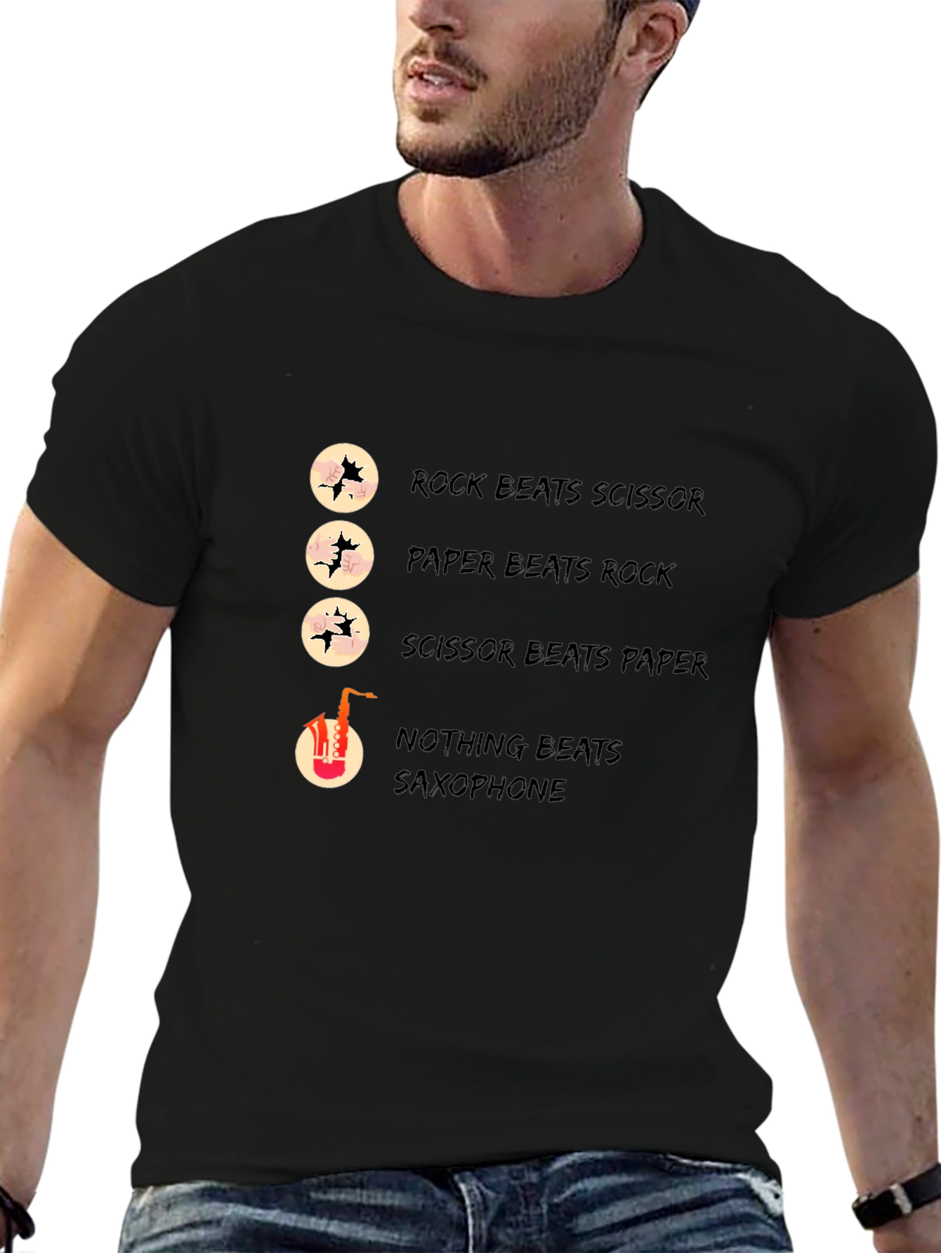 Black Rock Paper Scissors Saxophone Graphic T-Shirt view 6