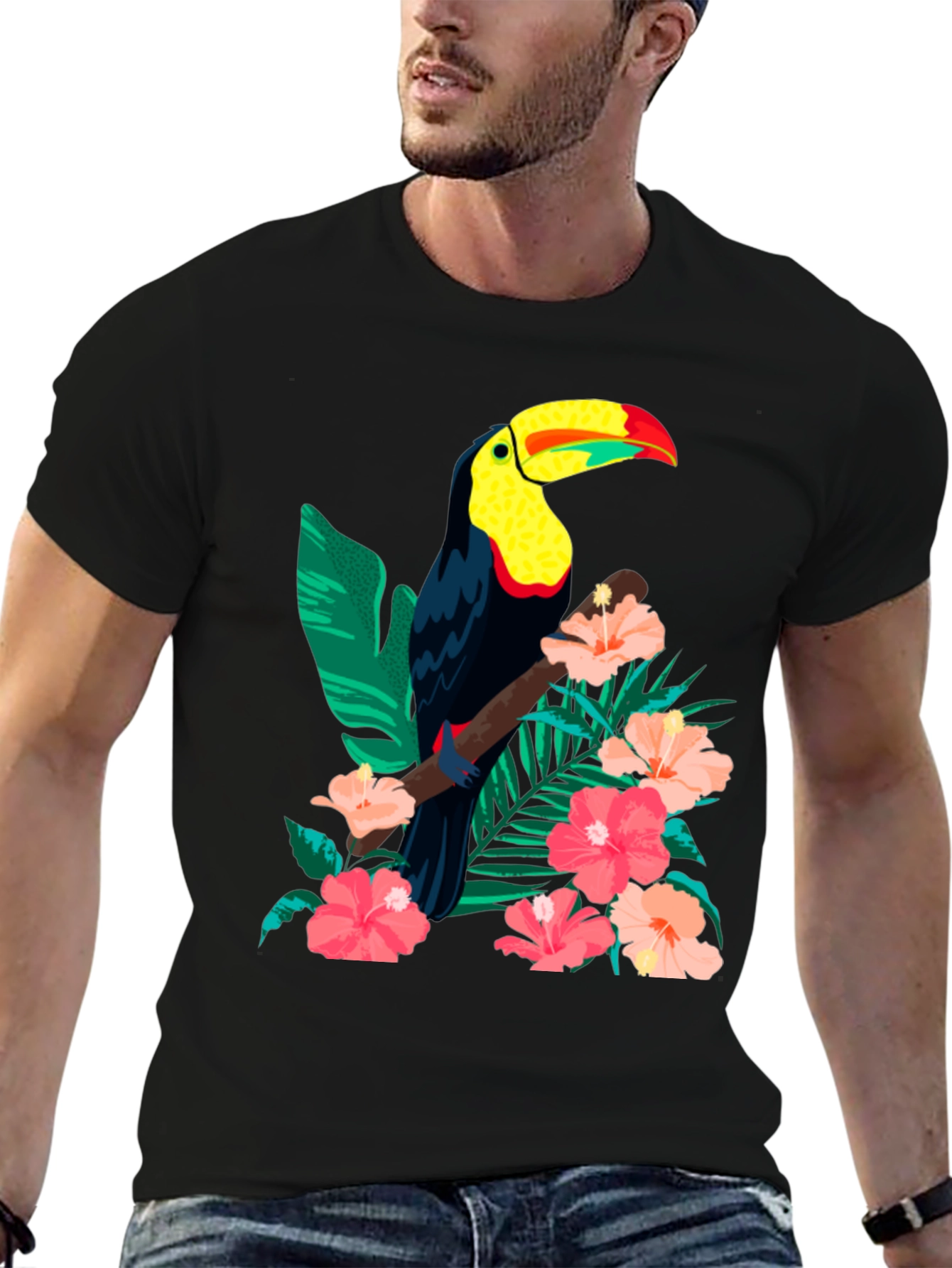 Black Toucan & Floral Print Black T-Shirt view 6