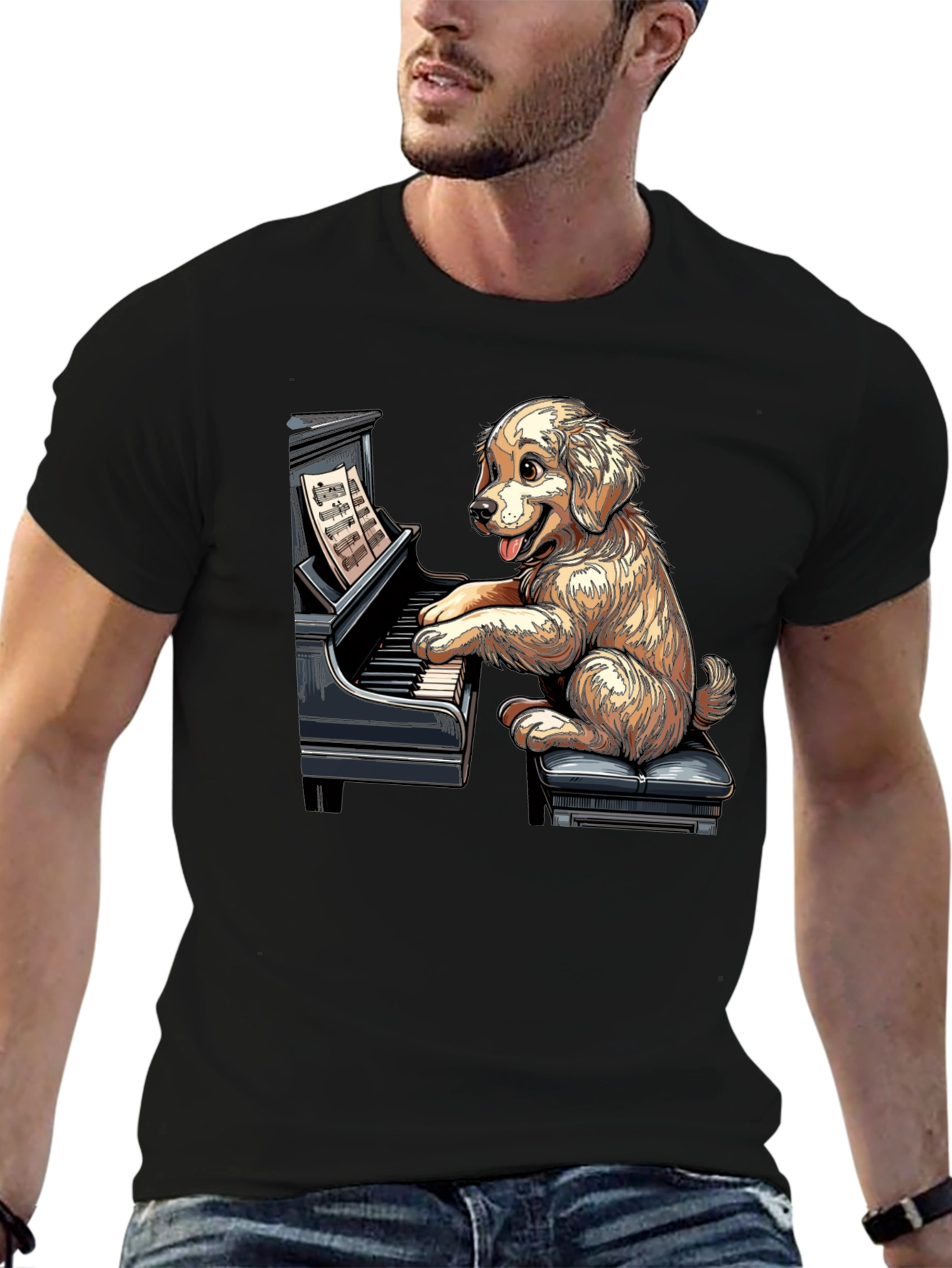 Black Dog Playing Piano Graphic Tee - Unisex Black T-Shirt view 6