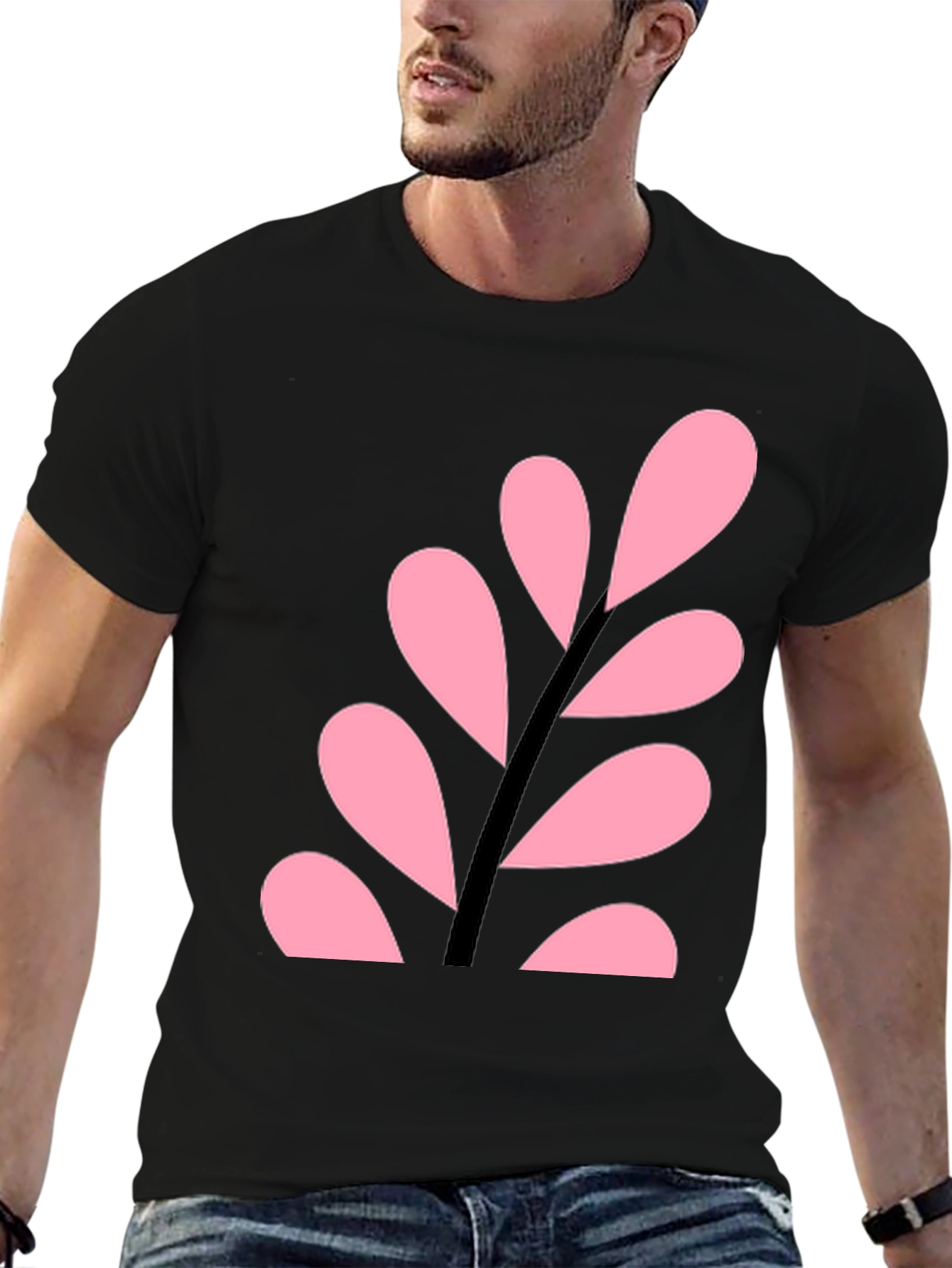 Black Pink Leaf Design Black T-Shirt view 6
