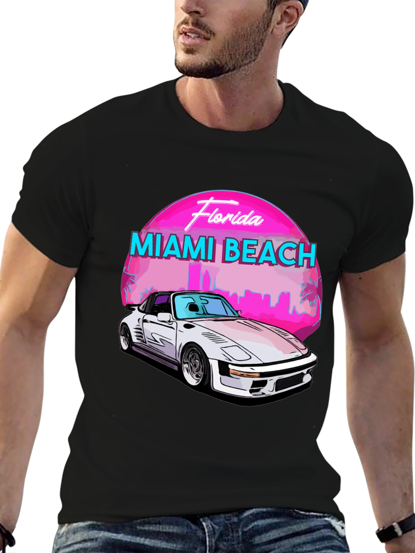 Black Miami Beach Florida T-Shirt - Retro Car Design view 6