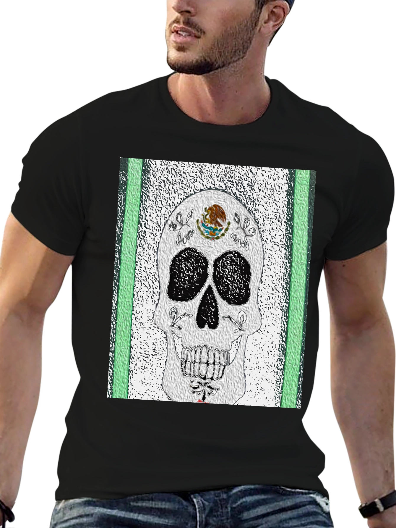 Black Mexican Flag Sugar Skull T-Shirt view 6