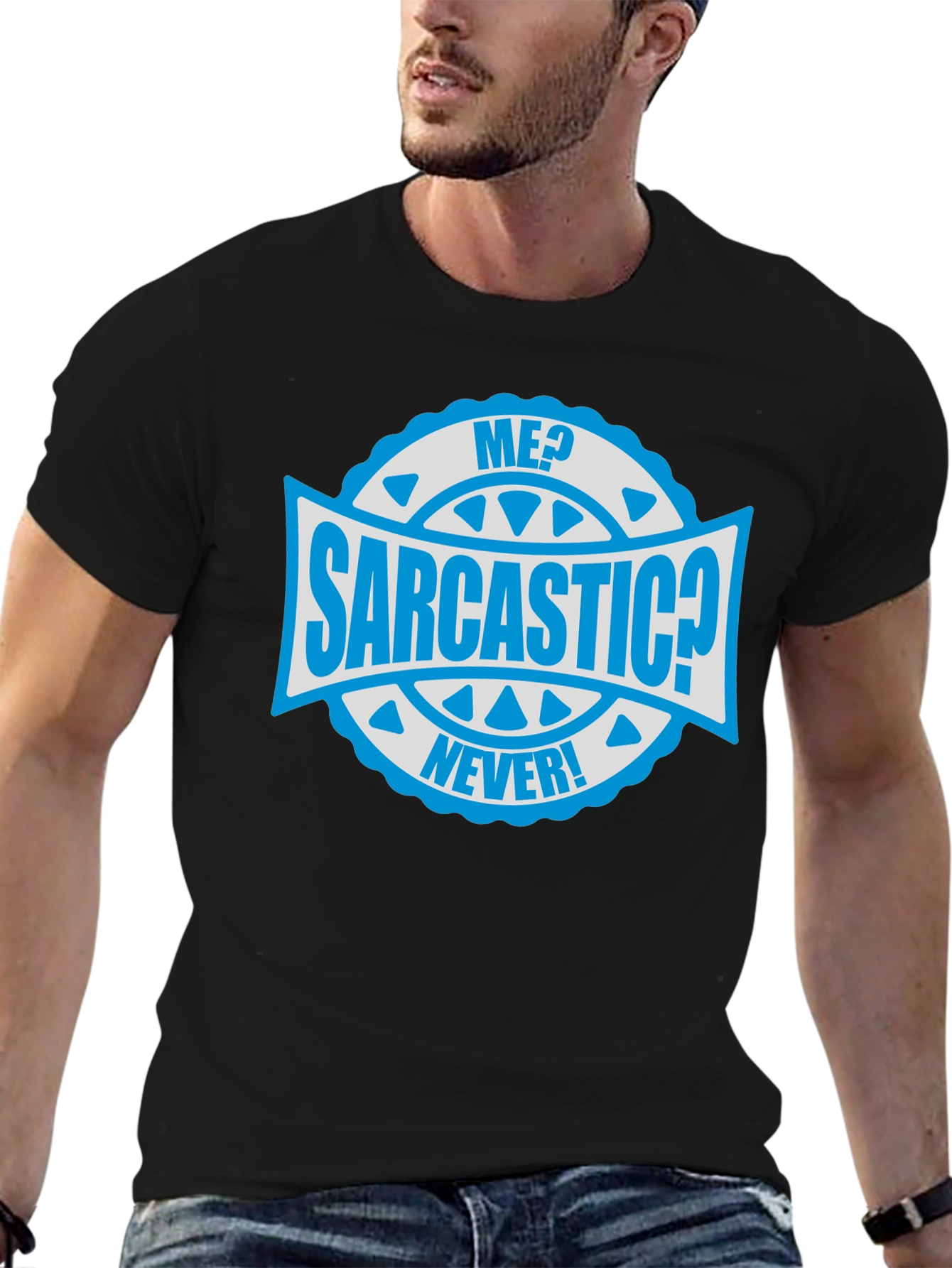 Black Sarcastic Never! Graphic Tee - Mens Black Cotton T-Shirt view 6