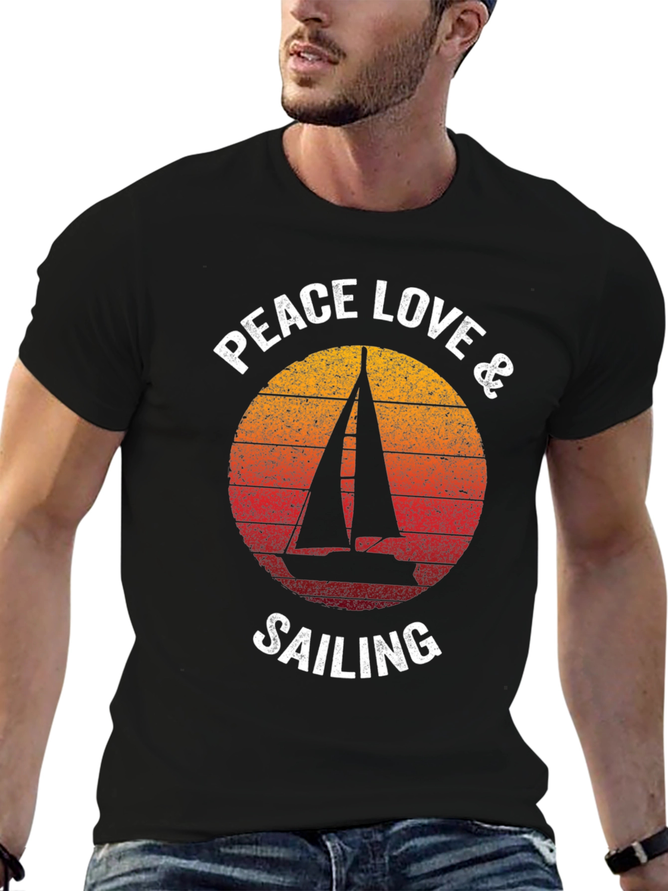 Black Peace Love & Sailing T-Shirt Vintage Graphic Tee view 6