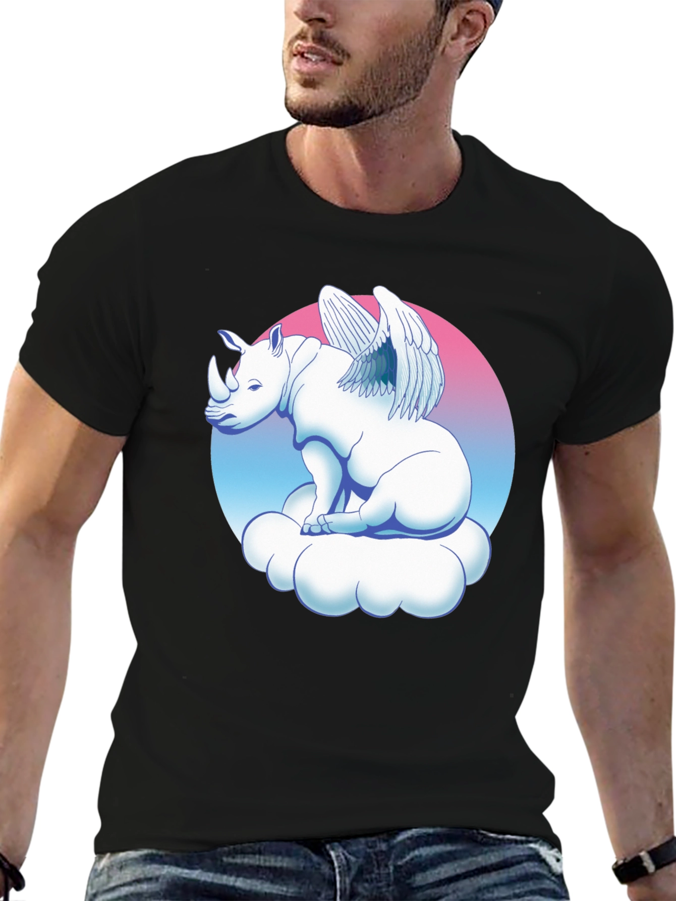 Black Winged Rhino on Cloud Graphic Tee - Black view 6