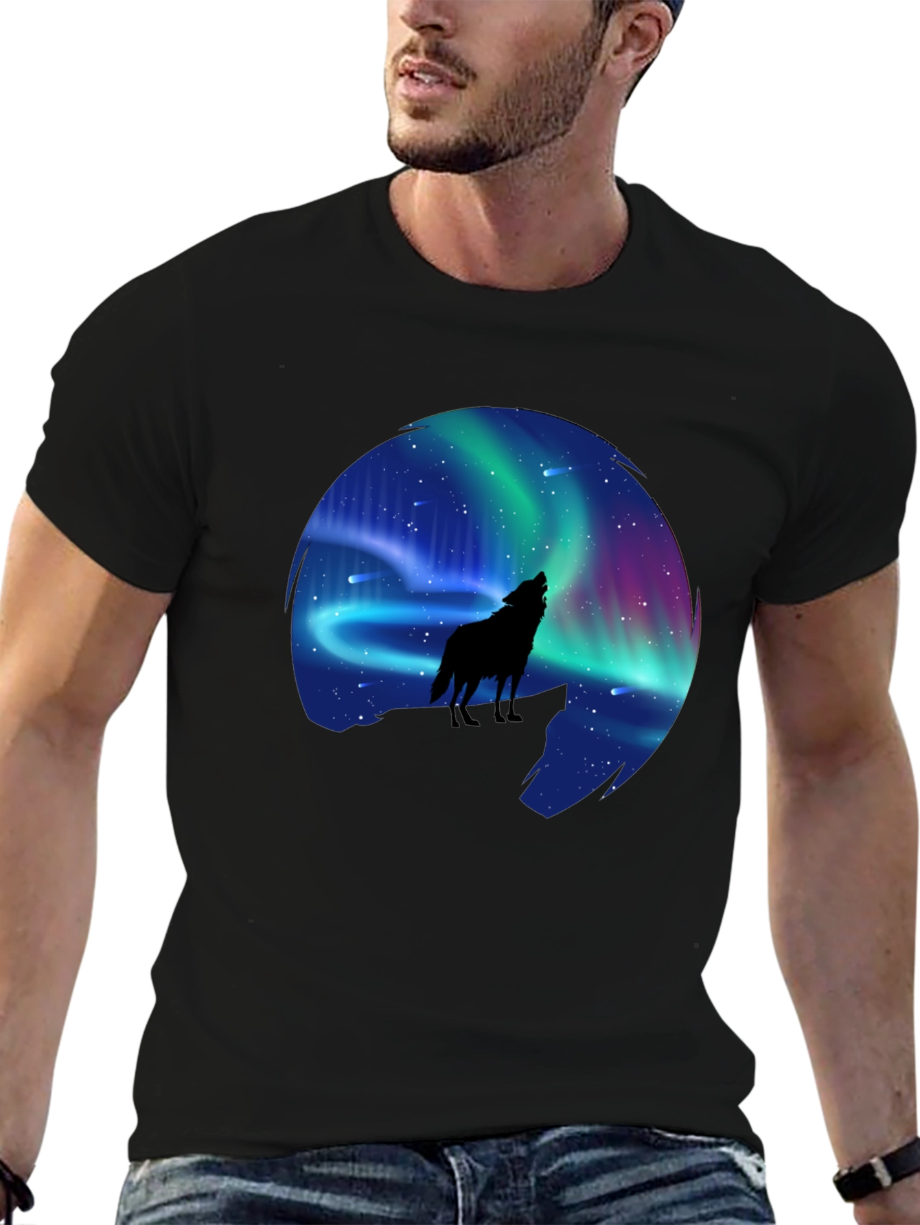 Black Wolf Aurora Borealis Graphic T-Shirt view 6