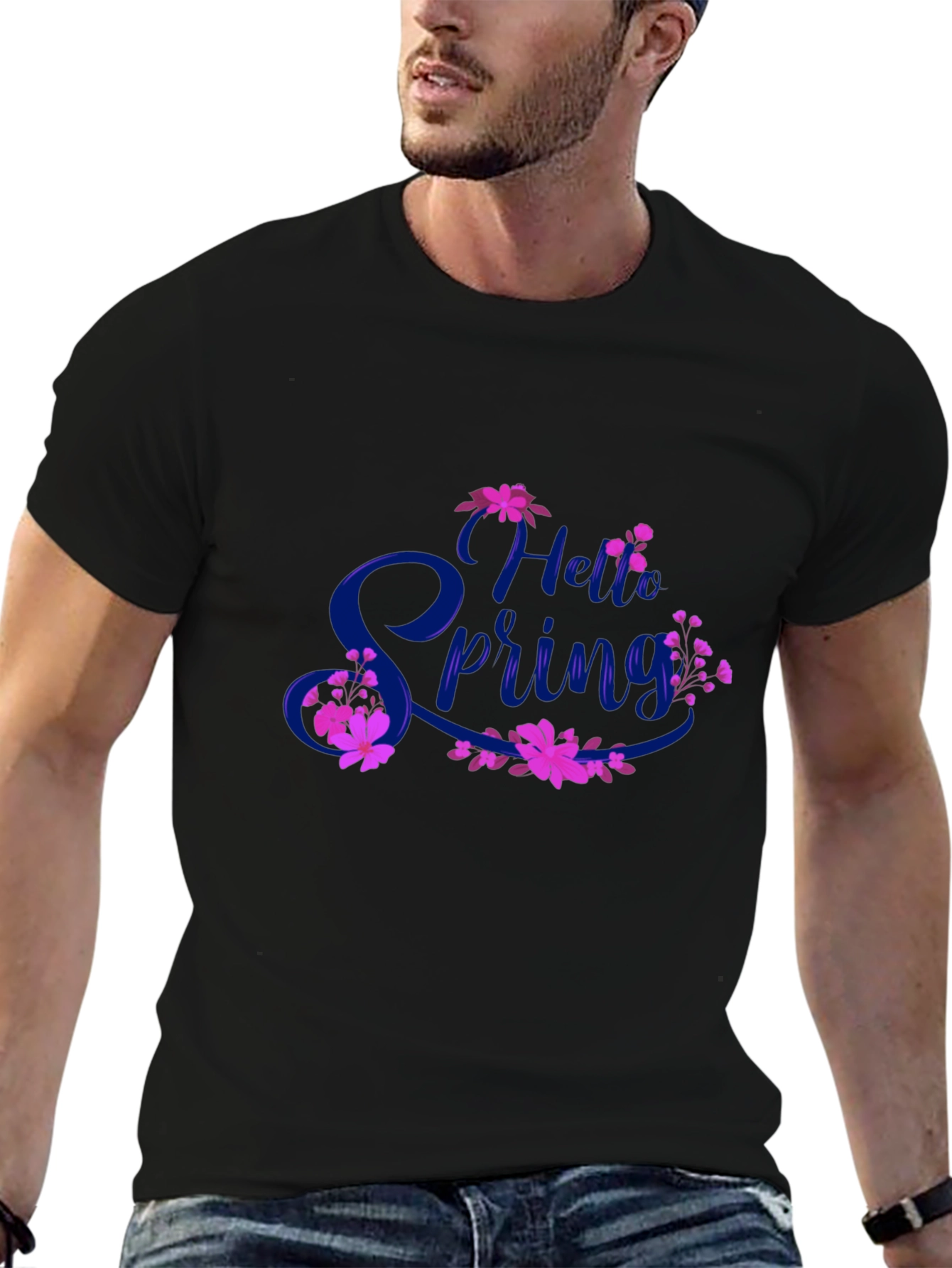 Black Hello Spring Black T-Shirt Floral Design view 6