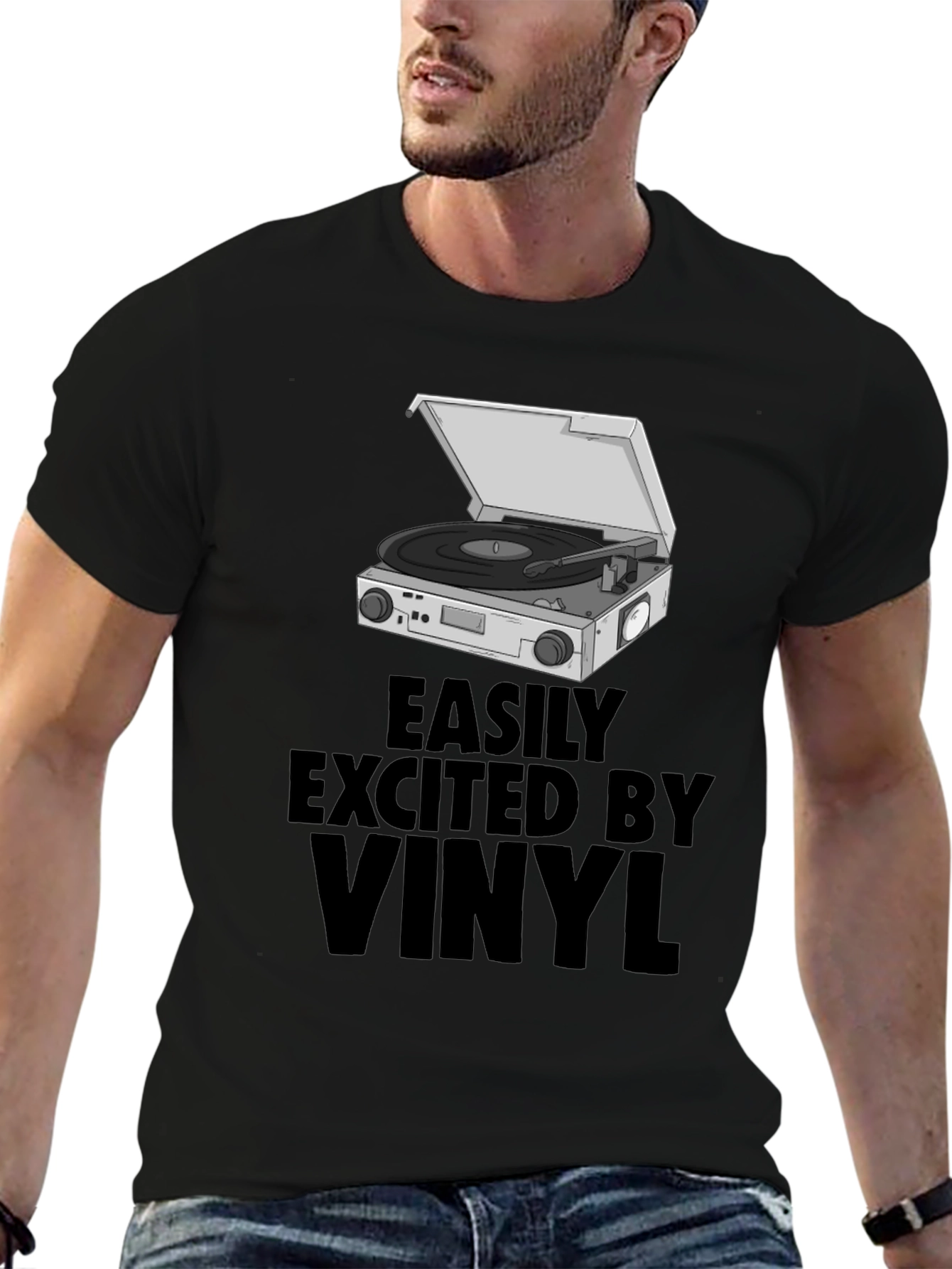 Black Vinyl Record Player T-Shirt - Easily Excited view 6