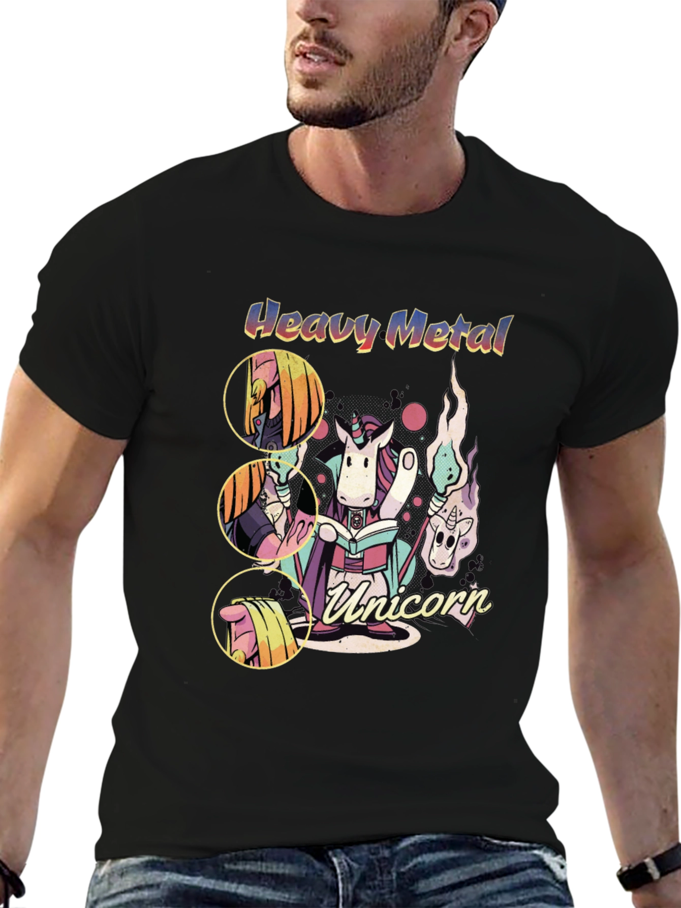 Black Heavy Metal Unicorn Graphic T-Shirt view 6