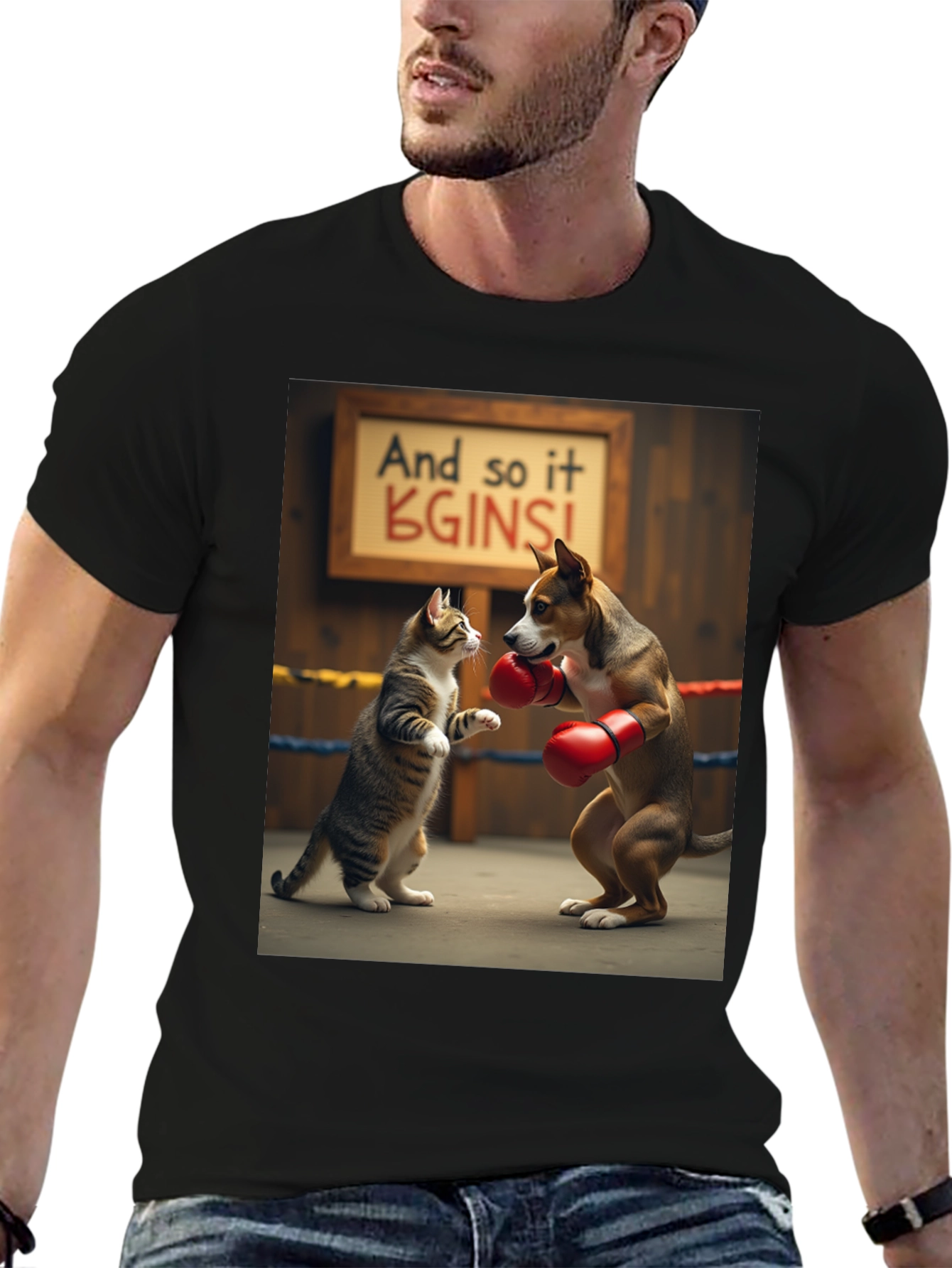 Black Boxing Cat and Dog Graphic Tee view 6