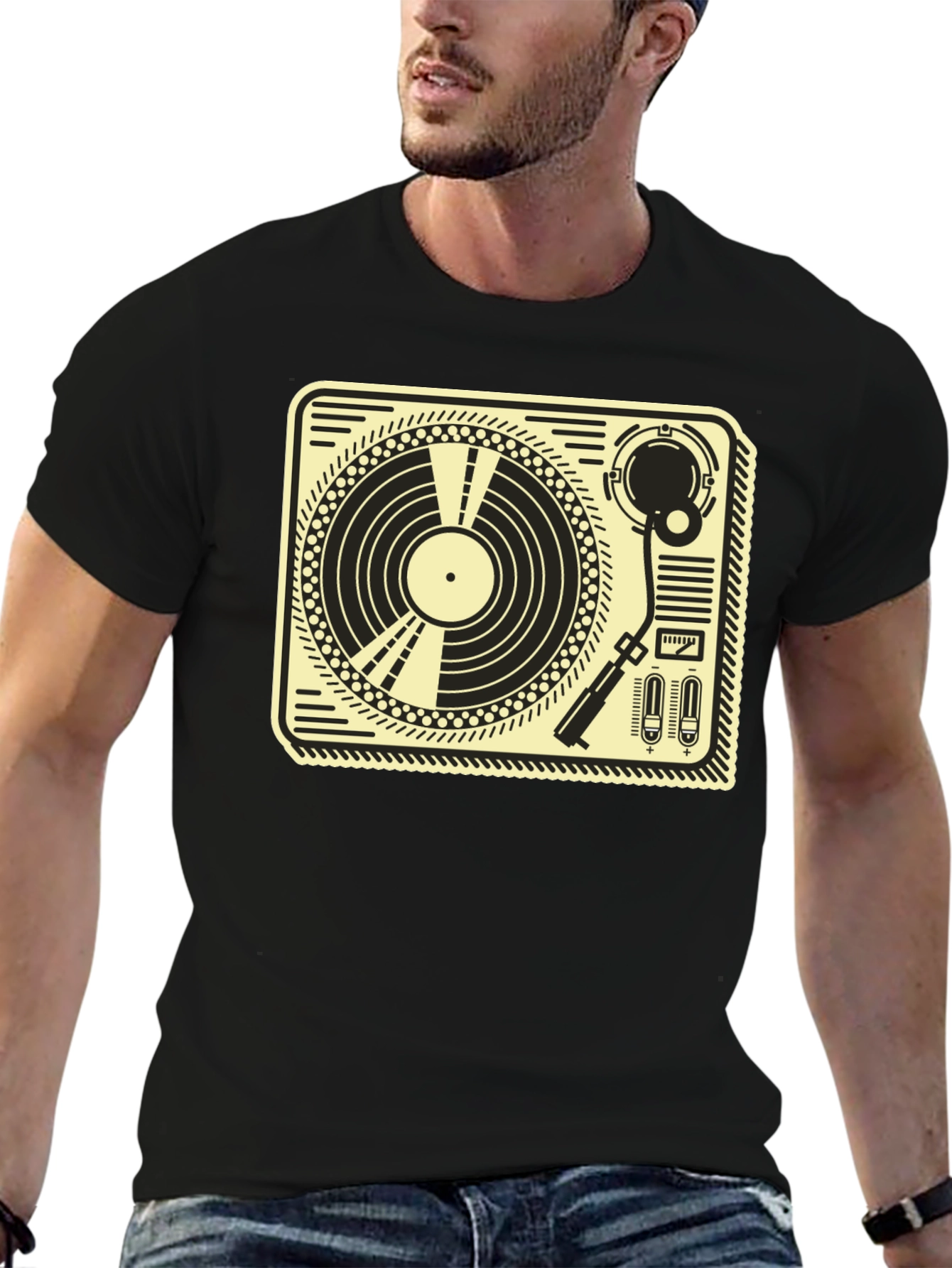 Black Retro Turntable Graphic Tee - Black Cotton T-Shirt view 6