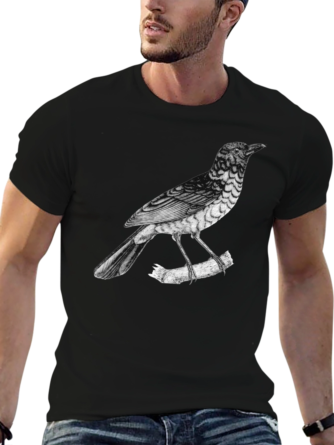Black Men's Bird Print Black T-Shirt view 6
