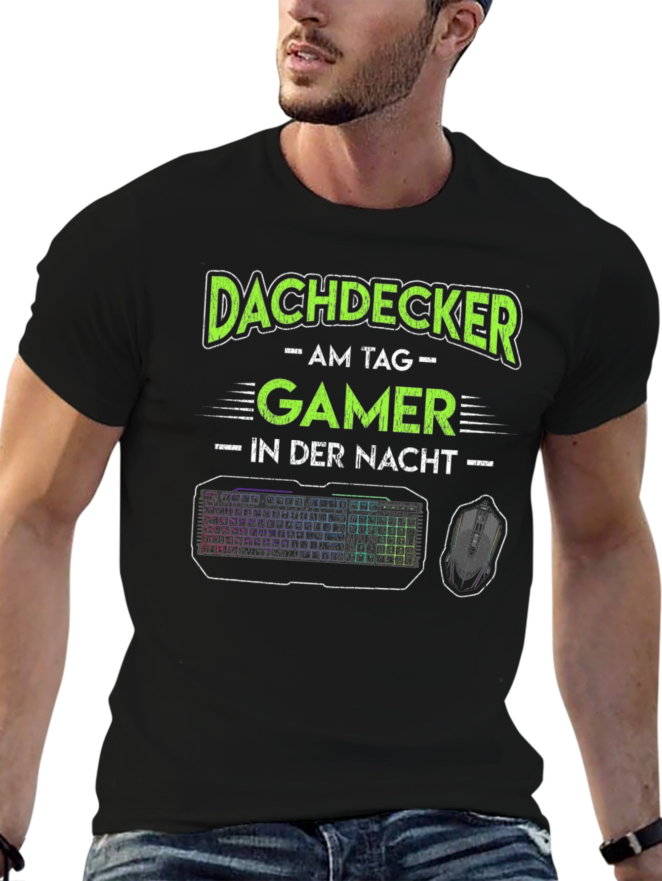 Black Dachdecker Gamer T-Shirt - Roofer by Day, Gamer by Night view 6