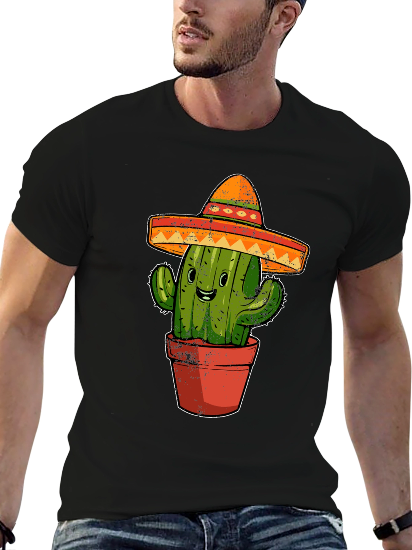 Black Cactus Sombrero Graphic Tee - Black Cotton T-Shirt view 6