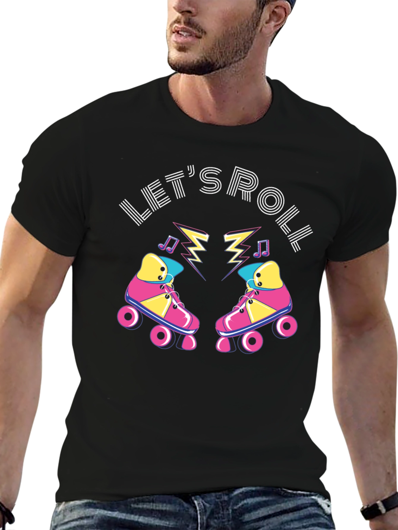 Black Let's Roll Retro Roller Skate Graphic T-Shirt view 6